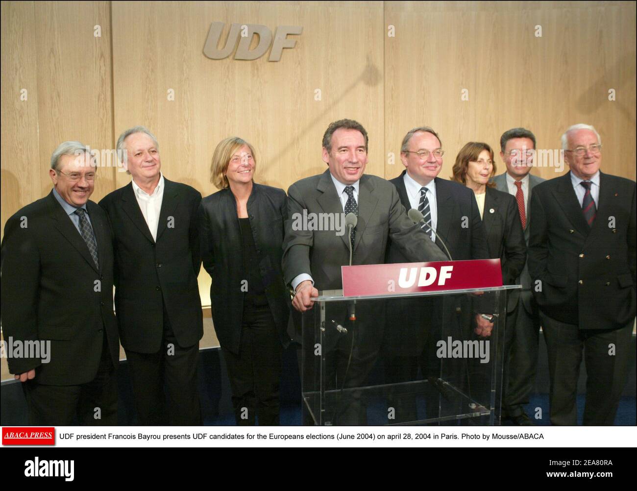 UDF president Francois Bayrou presents UDF candidates for the Europeans elections (June 2004) on april 28, 2004 in Paris. Photo by Mousse/ABACA Stock Photo
