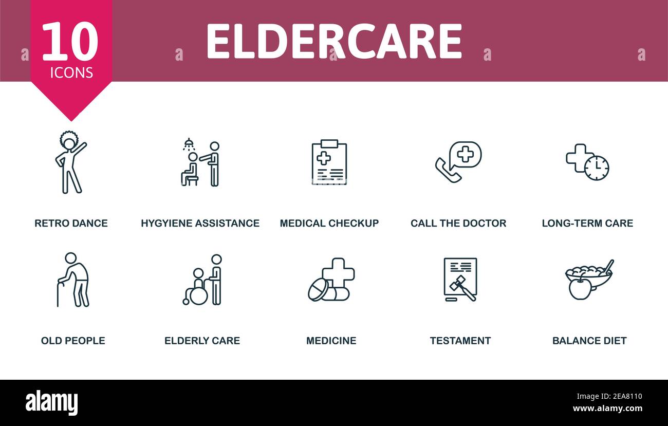 Study icon set. Collection contain dentare, longterm care, retro dance, medical checkup