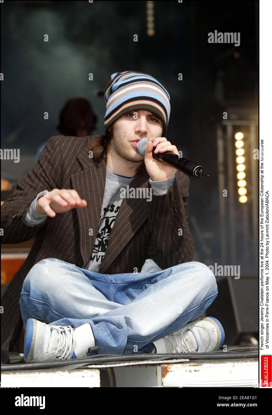 French singer Jeremy Chatelain performs live at the 24 hours of the European Citizenship at the racecourse of Vincennes in Paris-France on May 1, 2004. Photo by Laurent Zabulon/ABACA. Stock Photo
