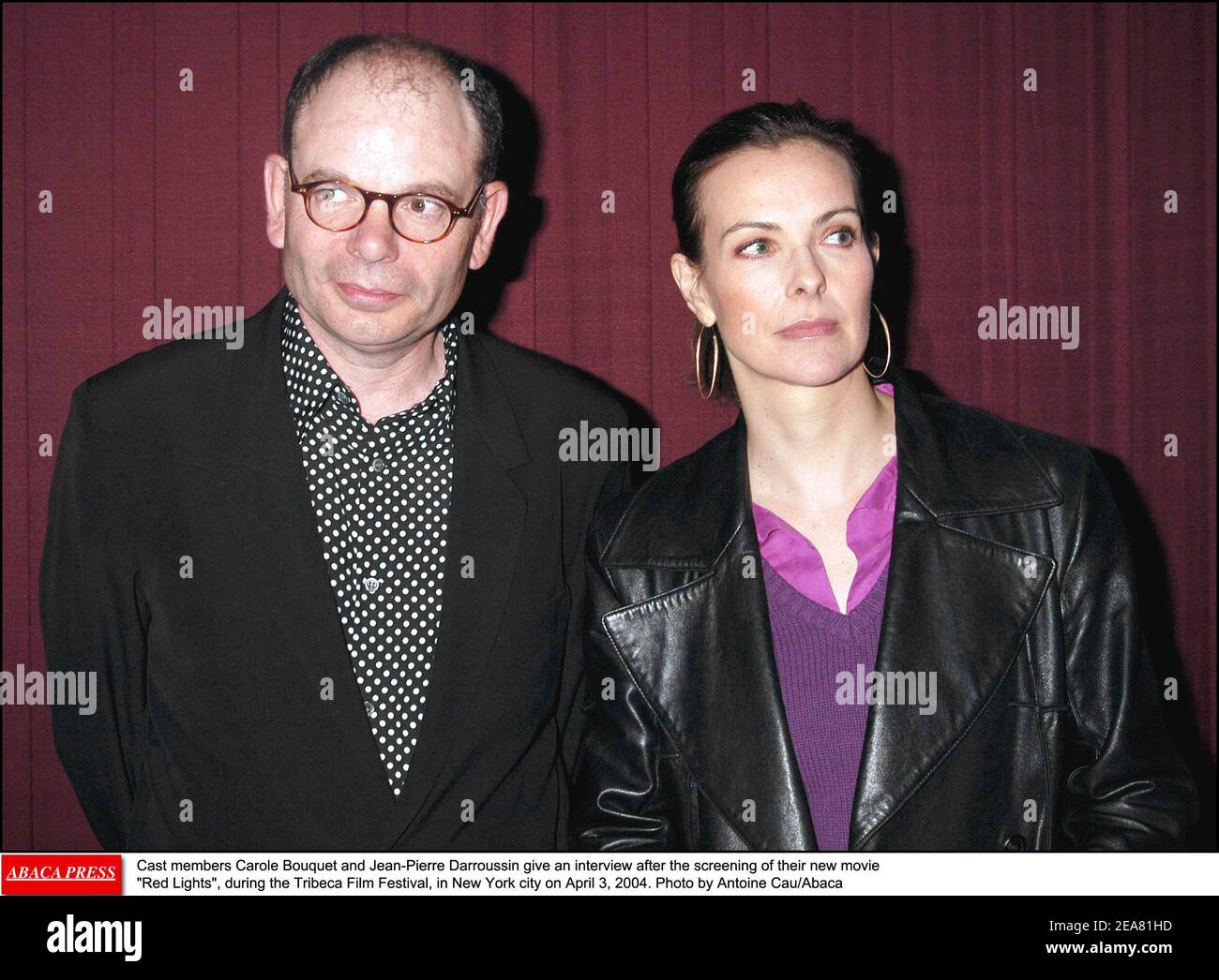 Cast members Carole Bouquet and Jean-Pierre Darroussin give an interview after the screening of their new movie Red Lights, during the Tribeca Film Festival, in New York city on April 3, 2004. Photo by Antoine Cau/Abaca Stock Photo
