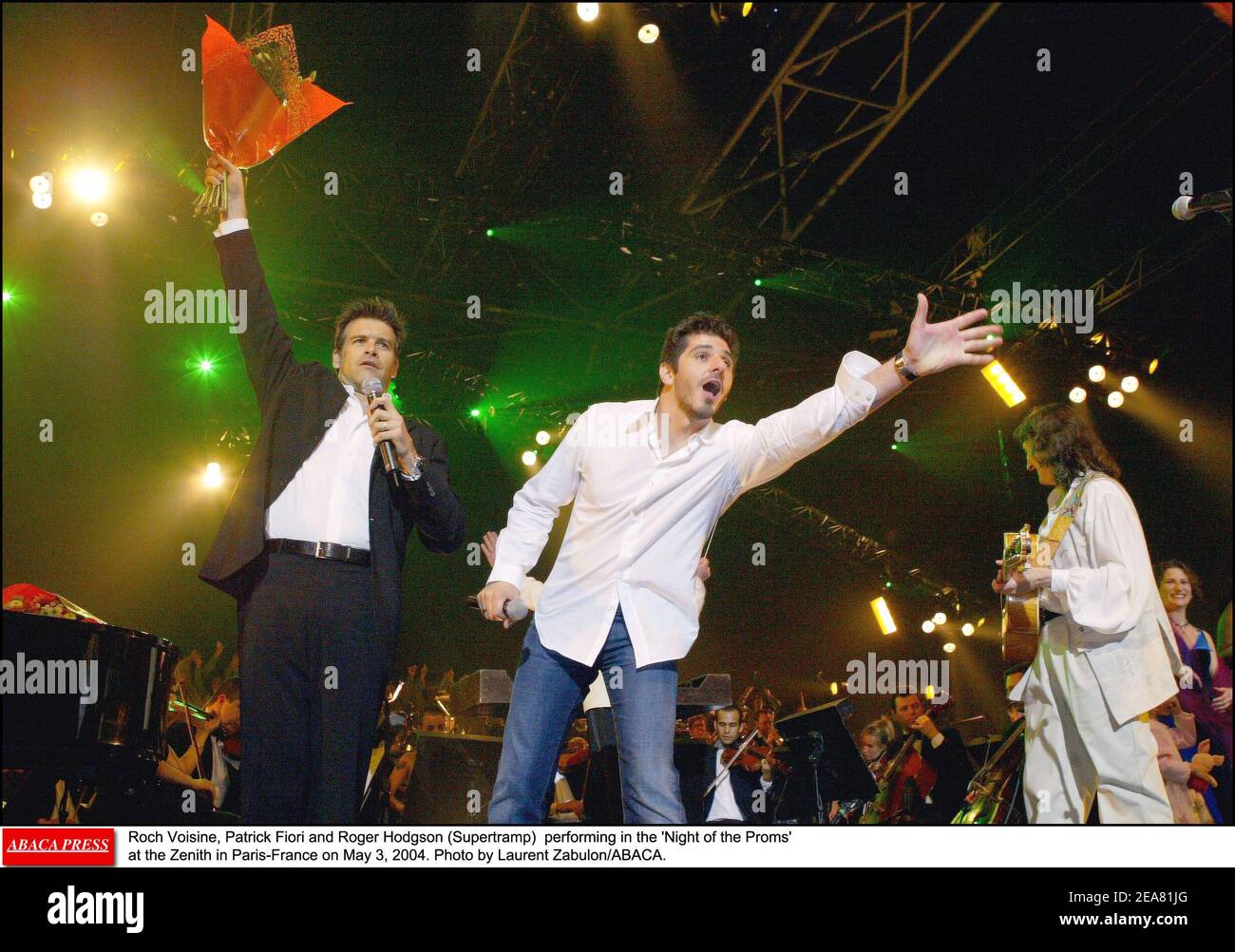 Roch Voisine, Patrick Fiori and Roger Hodgson (Supertramp) performing in the 'Night of the Proms' at the Zenith in Paris-France on May 3, 2004. Photo by Laurent Zabulon/ABACA. Stock Photo