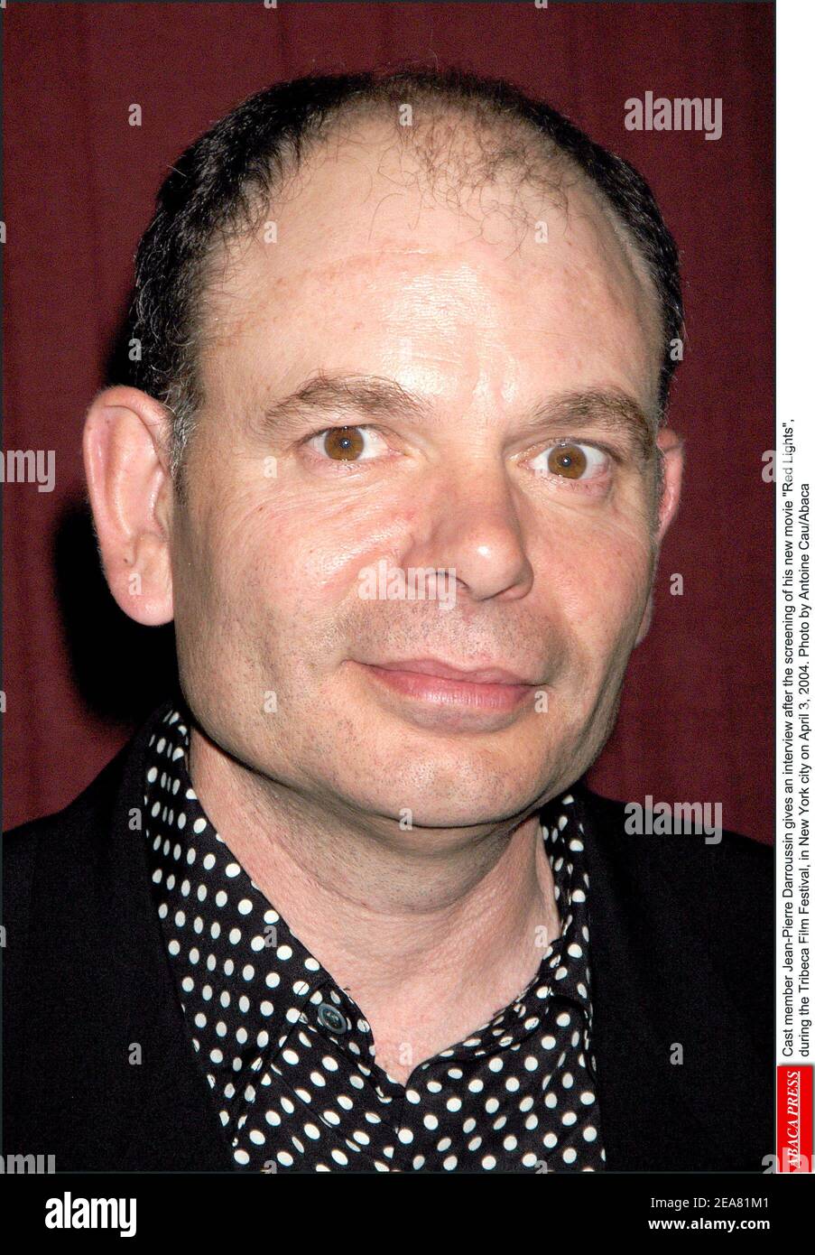 Cast member Jean-Pierre Darroussin gives an interview after the screening of his new movie Red Lights, during the Tribeca Film Festival, in New York city on April 3, 2004. Photo by Antoine Cau/Abaca Stock Photo