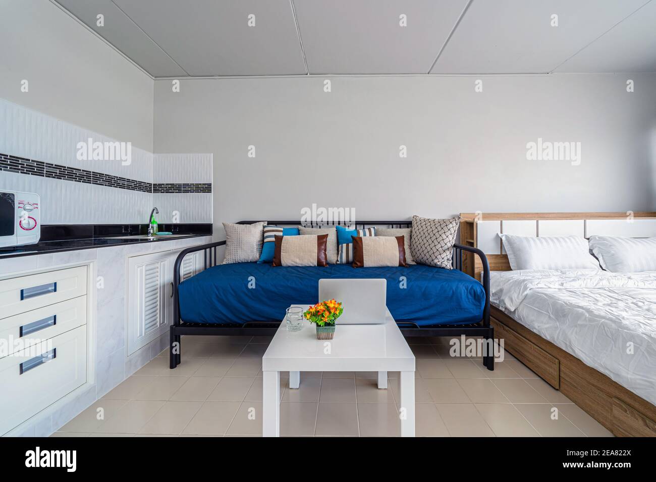 Luxury Interior living room with sofa bed and bed queen size, Dining