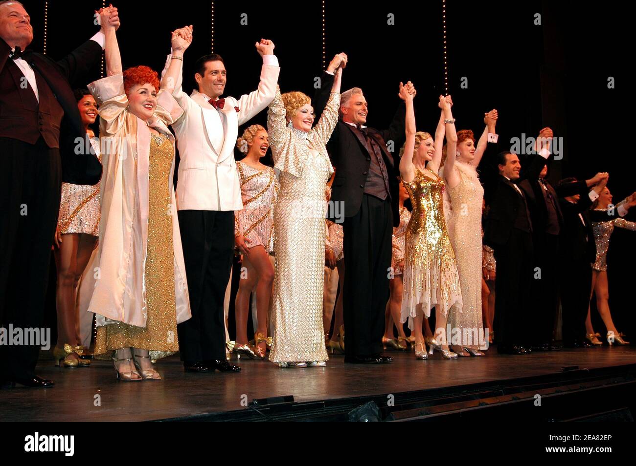 David Elder, Nadine Isenegger, Shirley Jones, Patrick Cassidy, Patti Mariano and Brad Aspel during the curtain call of the new Broadway production 42nd street, at Ford Center, in New York, NY, USA - May 7, 2004. (pictured: David Elder, Nadine Isenegger, Shirley Jones, Patrick Cassidy, Patti Mariano, Brad Aspel) Photo by Antoine Cau/Abaca Stock Photo