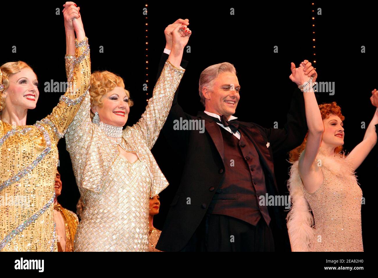 Nadine Isenegger, Shirley Jones and son Patrick Cassidy during the curtain call of the new Broadway production 42nd street, at Ford Center, in New York, NY, USA - May 7, 2004. (pictured: Nadine Isenegger, Shirley Jones, Patrick Cassidy) Photo by Antoine Cau/Abaca Stock Photo