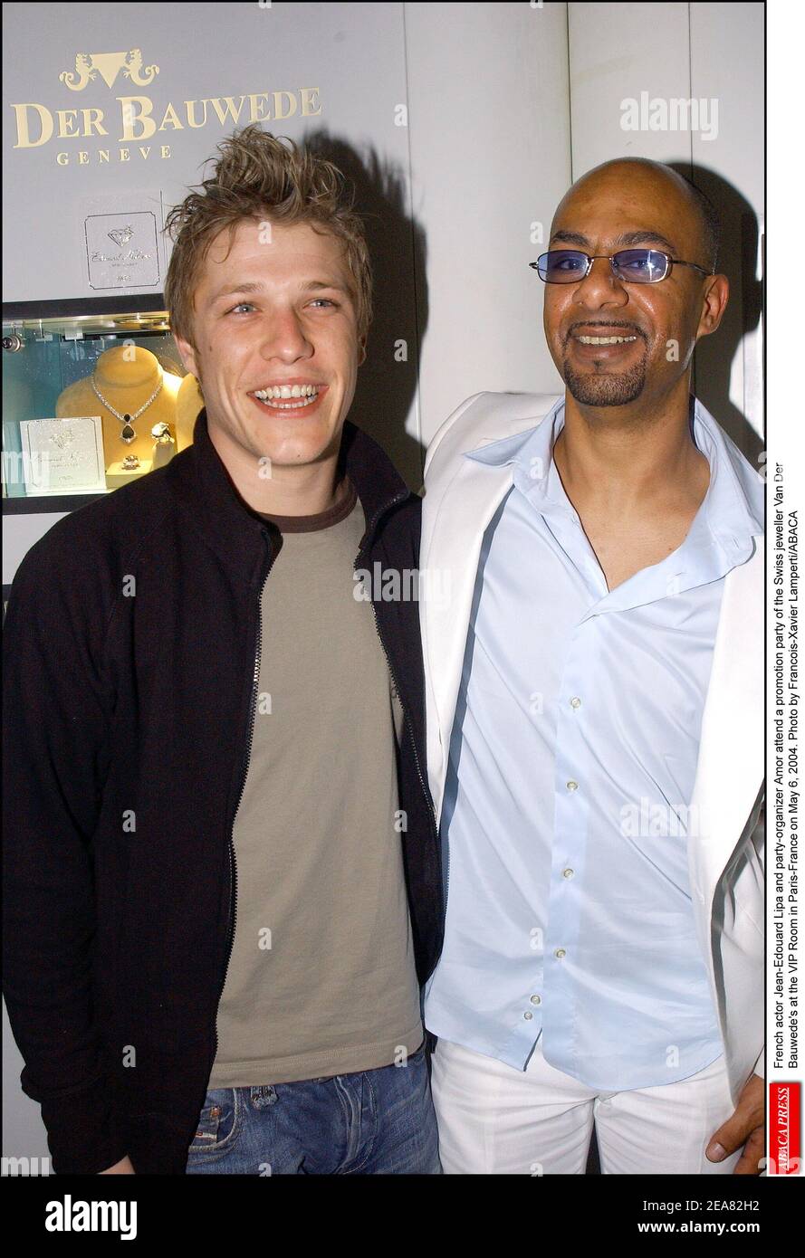 French actor Jean-Edouard Lipa and party-organizer Amor attend a promotion party of the Swiss jeweller Van Der Bauwede's at the VIP Room in Paris-France on May 6, 2004. Photo by Francois-Xavier Lamperti/ABACA Stock Photo