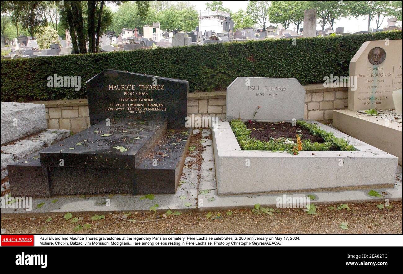 Paul Eluard and Maurice Thorez gravestones at the legendary Parisian cemetery, Pere Lachaise celebrates its 200 anniversary on May 17, 2004. Moliere, Chopin, Balzac, Jim Morisson, Modigliani.... are among celebs resting in Pere Lachaise. Photo by Christophe Geyres/ABACA. Stock Photo