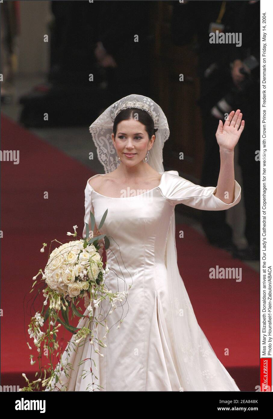 Miss Mary Elizabeth Donaldson arrives at the Our Lady's Cathedral of Copenhagen for her wedding with Crown Prince Frederik of Denmark on Friday, May 14, 2004. Photo by Hounsfield-Klein-Zabulon/ABACA Stock Photo