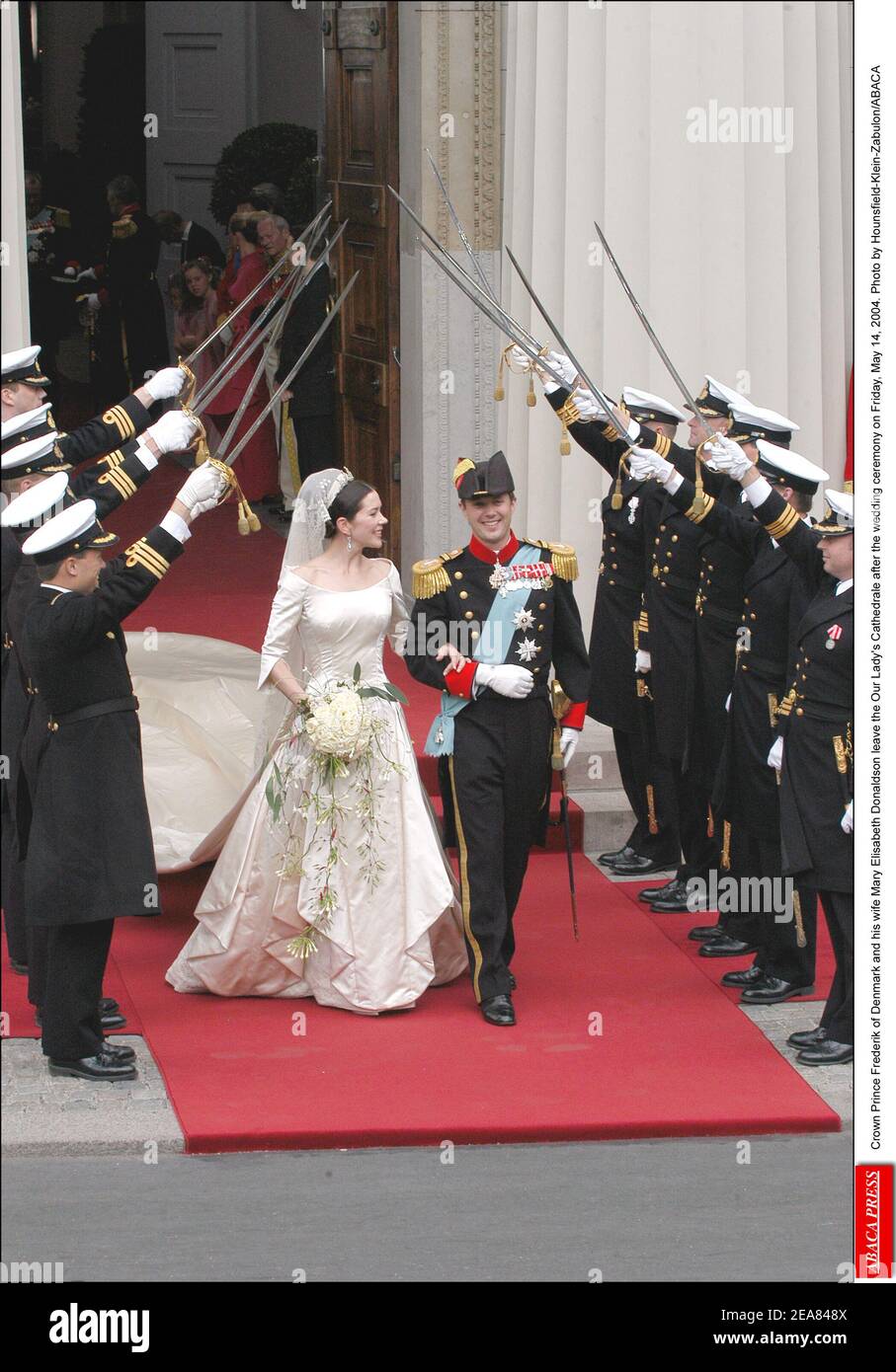 Crown Prince Frederik of Denmark and his wife Mary Elisabeth Donaldson leave the Our Lady's Cathedrale after the wedding ceremony on Friday, May 14, 2004. Photo by Hounsfield-Klein-Zabulon/ABACA Stock Photo