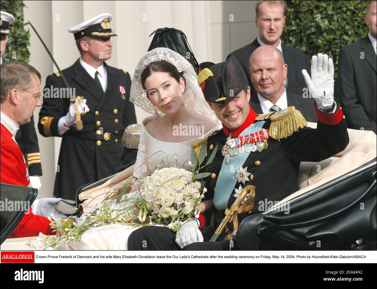 Crown Prince Frederik of Denmark and his wife Mary Elisabeth Donaldson leave the Our Lady's Cathedrale after the wedding ceremony on Friday, May 14, 2004. Photo by Hounsfield-Klein-Zabulon/ABACA Stock Photo