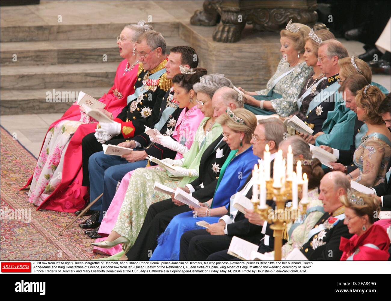 (First row from left to right) Queen Margrethe of Denmark, her husband Prince Henrik, prince Joachim of Denmark, his wife princess Alexandra, princess Benedikte and her husband, Queen Anne-Marie and King Constantine of Greece, (second row from left) Queen Beatrix of the Netherlands, Queen Sofia of Spain, king Albert of Belgium attend the wedding ceremony of Crown Prince Frederik of Denmark and Mary Elisabeth Donaldson at the Our Lady's Cathedrale in Copenhagen-Denmark on Friday, May 14, 2004. Photo by Hounsfield-Klein-Zabulon/ABACA Stock Photo
