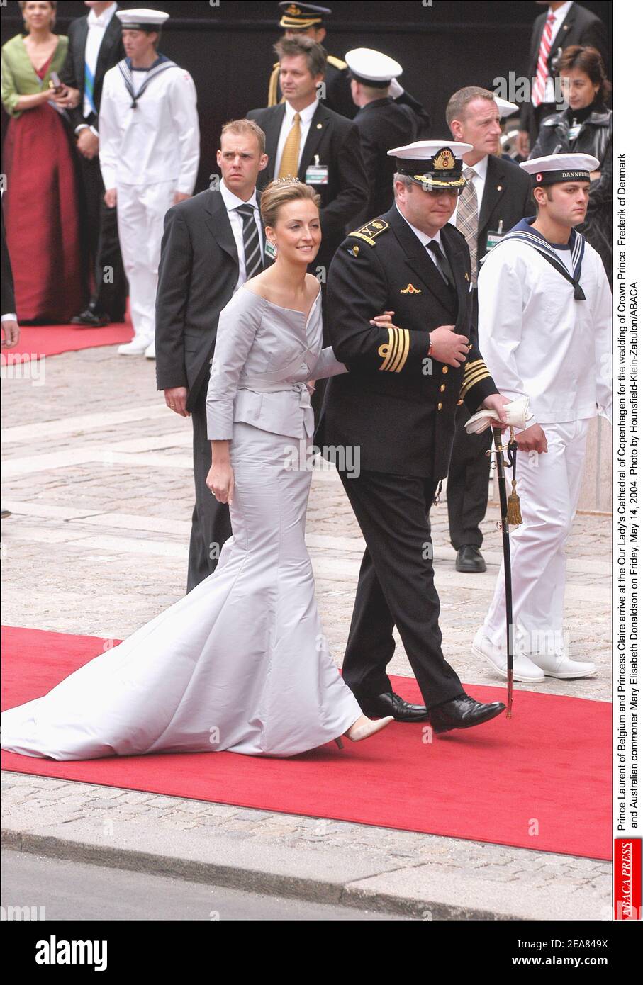 Prince Laurent of Belgium and Princess Claire arrive at the Our Lady's  Cathedral of Copenhagen for the wedding of Crown Prince Frederik of Denmark  and Australian commoner Mary Elisabeth Donaldson on Friday,