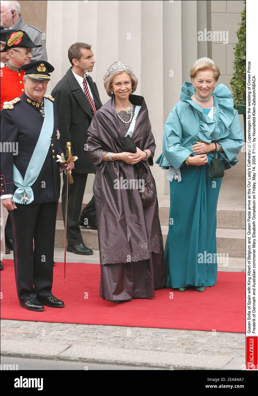 Queen Sofia of Spain with King Albert of Belgium and Queen Paola arrive at  the Our Lady's Cathedral of Copenhagen for the wedding of Crown Prince  Frederik of Denmark and Australian commoner