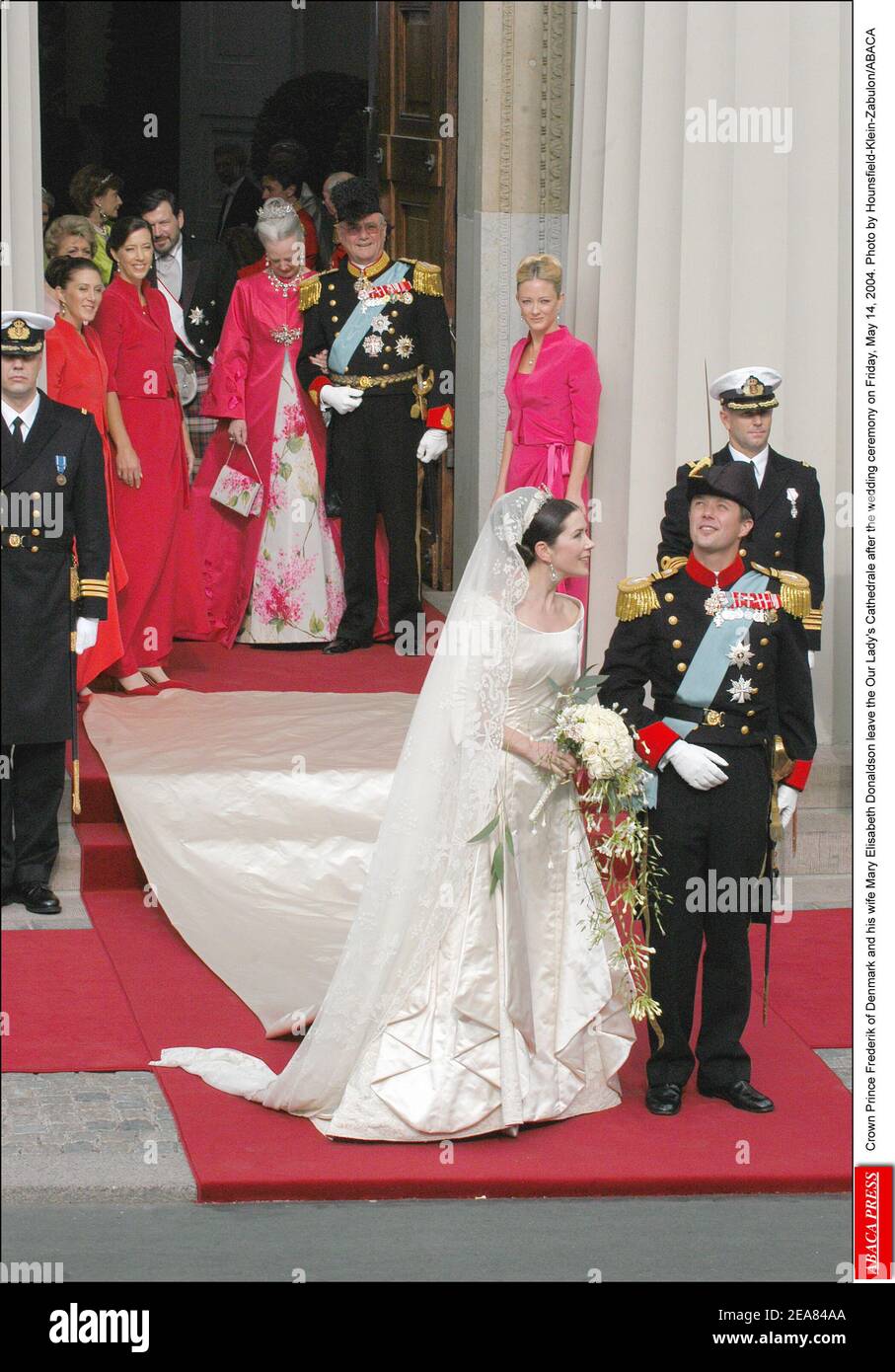 Crown Prince Frederik of Denmark and his wife Mary Elisabeth Donaldson leave the Our Lady's Cathedrale after the wedding ceremony on Friday, May 14, 2004. Photo by Hounsfield-Klein-Zabulon/ABACA Stock Photo