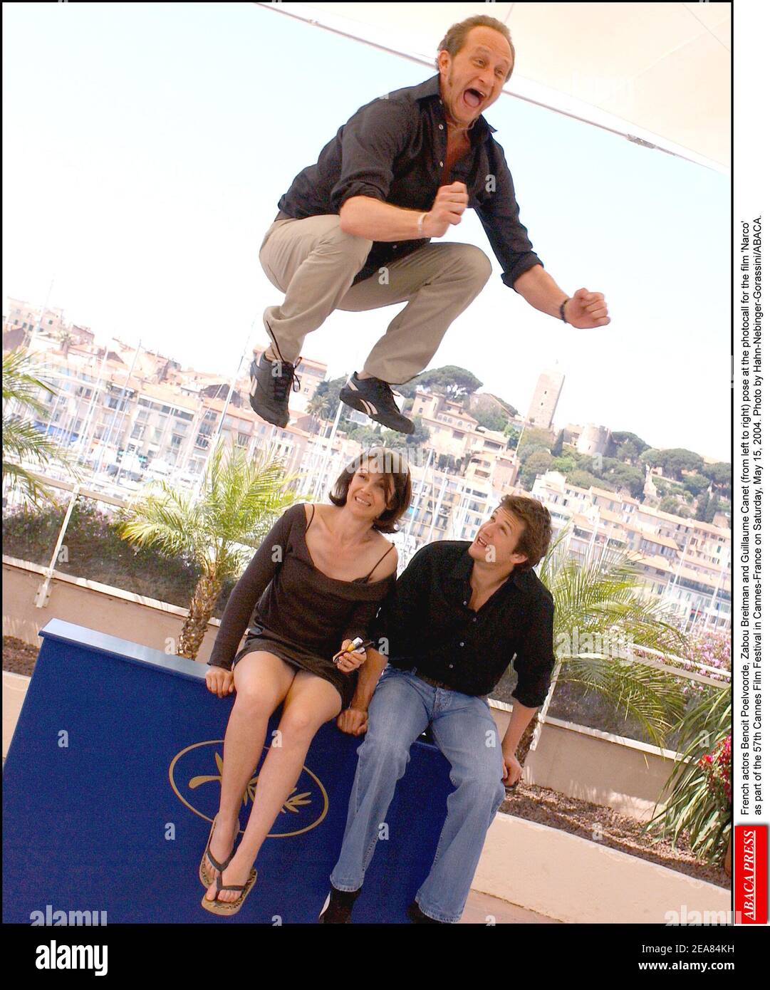 Actors Benoit Poelvoorde, Zabou Breitman and Guillaume Canet (from left to right) pose at the photocall for the film 'Narco' as part of the 57th Cannes Film Festival in Cannes-France on Saturday, May 15, 2004. Photo by Hahn-Nebinger-Gorassini/ABACA. Stock Photo