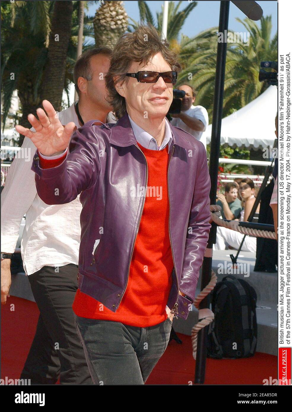 British musician Mick Jagger pictured arriving at the screening of US director Michael Moore's film 'Fahrenheit 911' as part of the 57th Cannes Film Festival in Cannes-France on Monday, May 17, 2004. Photo by Hahn-Nebinger-Gorassini/ABACA. Stock Photo