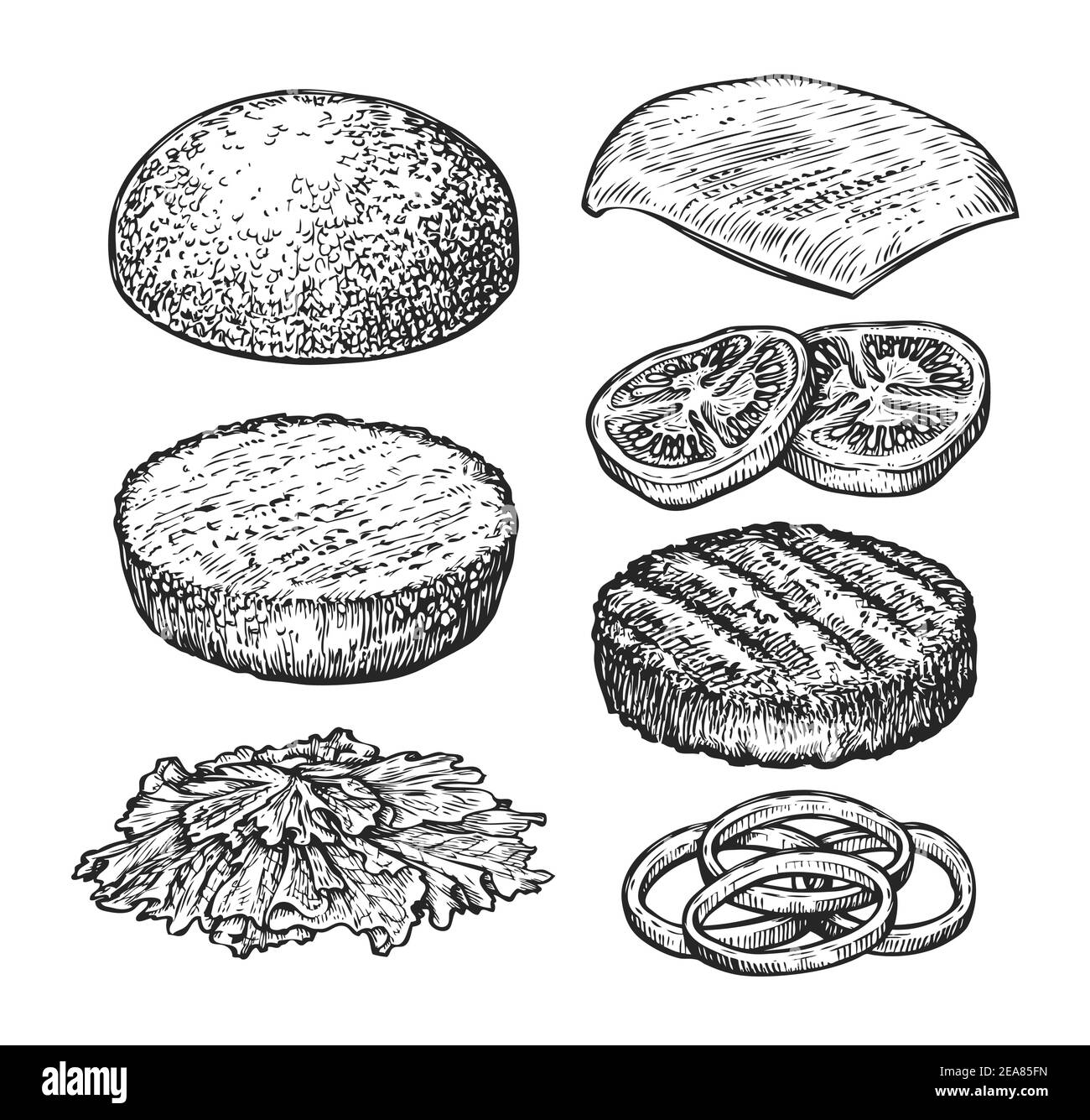 Burger ingredients sketch. Vintage vector illustration for restaurant menu Stock Vector