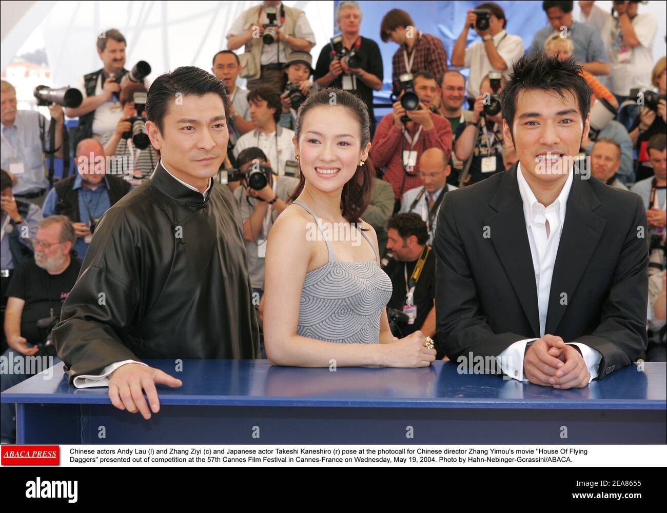 Chinese actors Andy Lau (l) and Zhang Ziyi (c) and Japanese actor Takeshi Kaneshiro (r) pose at the photocall for Chinese director Zhang Yimou's movie House Of Flying Daggers presented out of competition at the 57th Cannes Film Festival in Cannes-France on Wednesday, May 19, 2004. Photo by Hahn-Nebinger-Gorassini/ABACA. Stock Photo