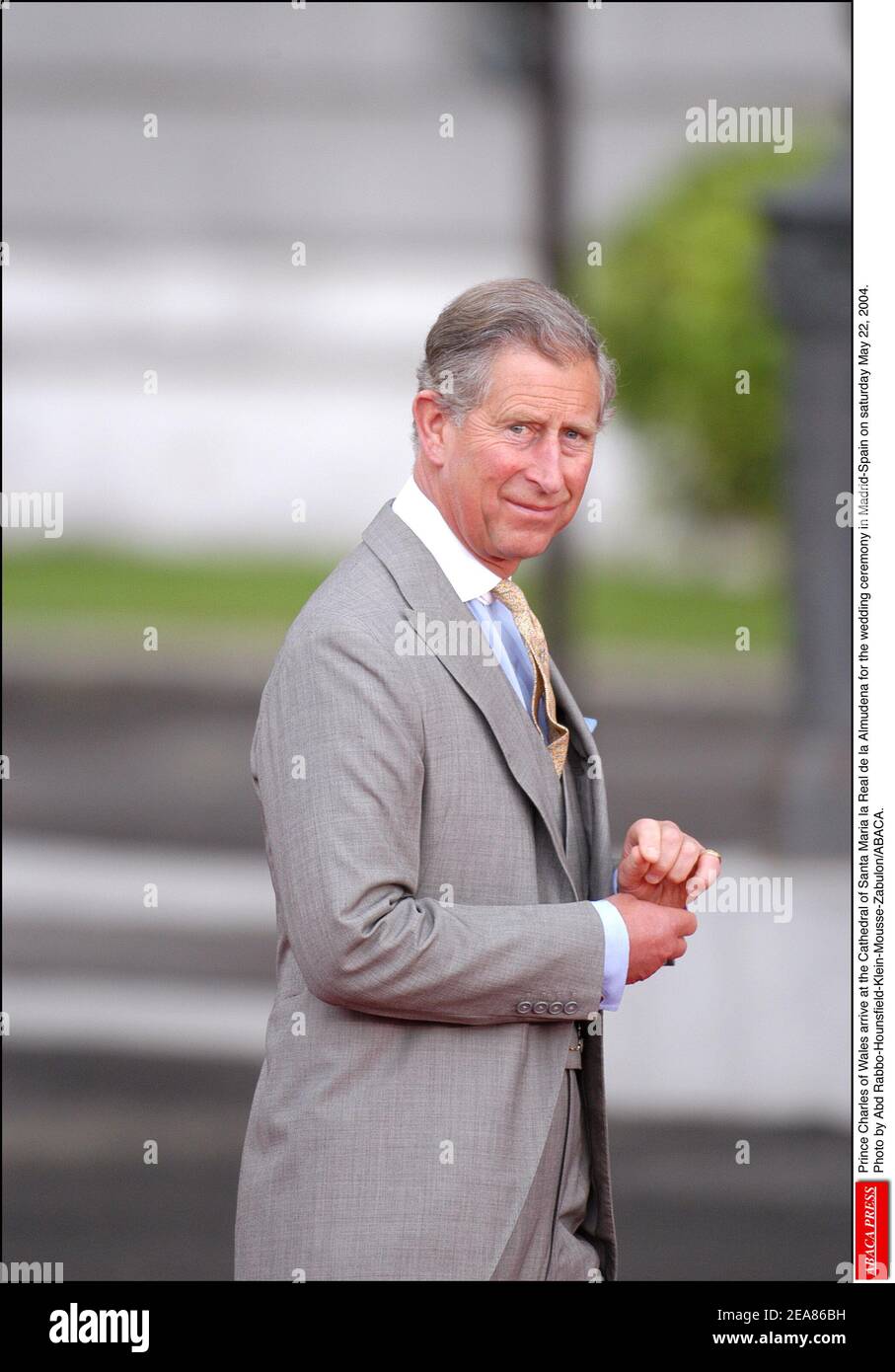 Prince Charles of Wales arrive at the Cathedral of Santa Maria la Real de la Almudena for the wedding ceremony in Madrid-Spain on saturday May 22, 2004. Photo by Abd Rabbo-Hounsfield-Klein-Mousse-Zabulon/ABACA. Stock Photo