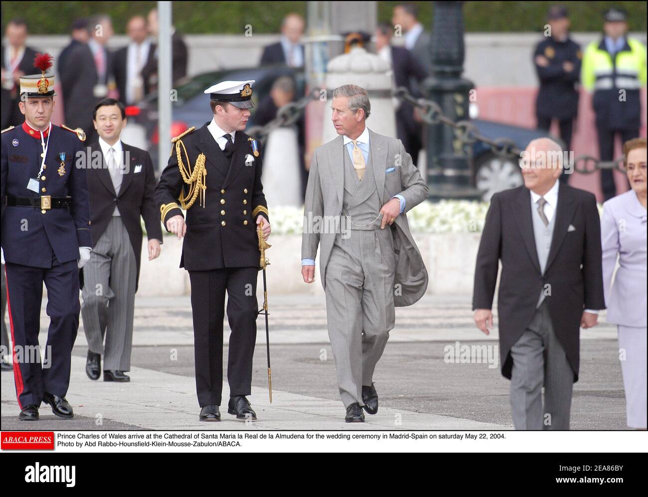 Prince Charles of Wales arrive at the Cathedral of Santa Maria la Real de la Almudena for the wedding ceremony in Madrid-Spain on saturday May 22, 2004. Photo by Abd Rabbo-Hounsfield-Klein-Mousse-Zabulon/ABACA. Stock Photo