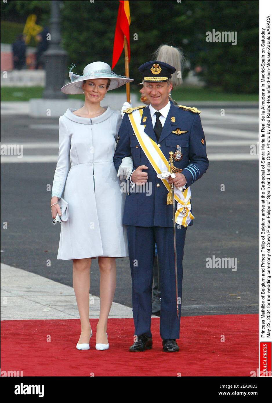 Princess Mathilde of Belgium and Prince Philippe of Belgium arrive at the Cathedral of Santa Maria la Real de la Almudena in Madrid-Spain on Saturday May 22, 2004 for the wedding ceremony of Crown Prince Felipe of Spain and Letizia Ortiz. Photo by Abd Rabbo-Hounsfield-Klein-Mousse-Zabulon/ABACA. Stock Photo