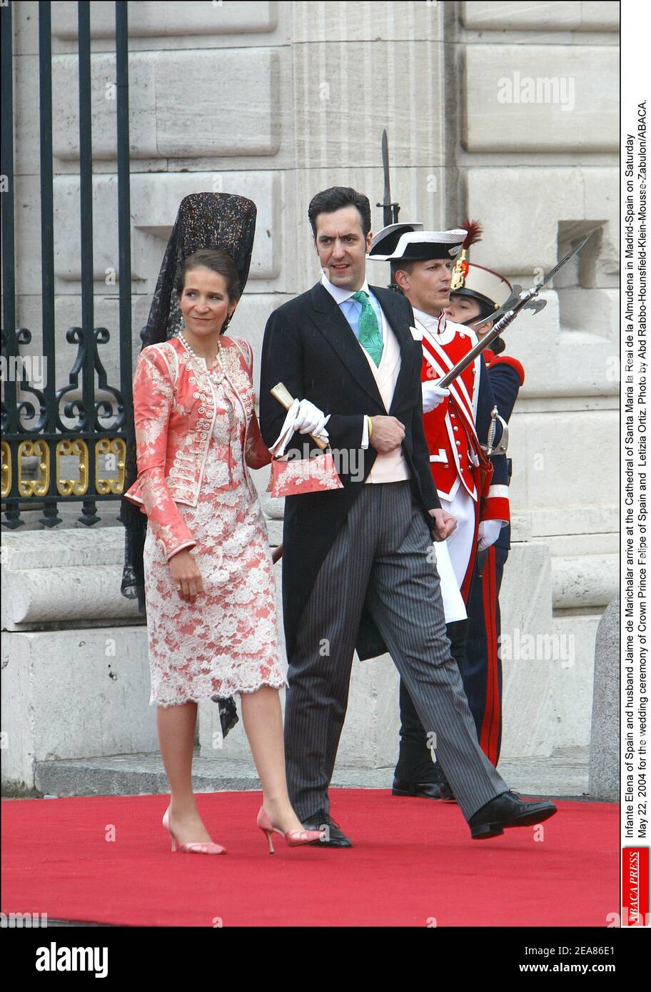 Infante Elena of Spain and husband Jaime de Marichalar arrive at the Cathedral of Santa Maria la Real de la Almudena in Madrid-Spain on Saturday May 22, 2004 for the wedding ceremony of Crown Prince Felipe of Spain and Letizia Ortiz. Photo by Abd Rabbo-Hounsfield-Klein-Mousse-Zabulon/ABACA. Stock Photo