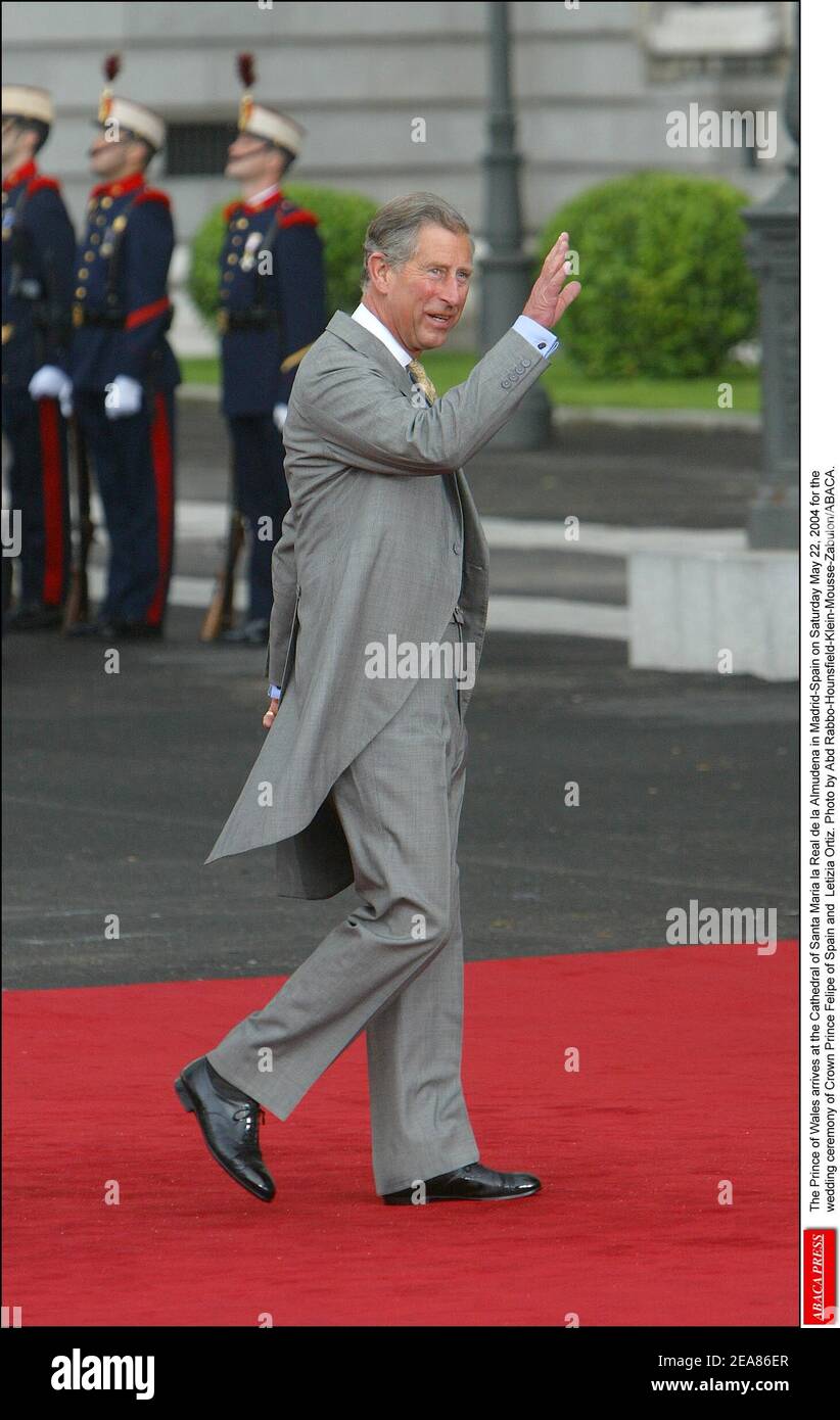 The Prince of Wales arrives at the Cathedral of Santa Maria la Real de la Almudena in Madrid-Spain on Saturday May 22, 2004 for the wedding ceremony of Crown Prince Felipe of Spain and Letizia Ortiz. Photo by Abd Rabbo-Hounsfield-Klein-Mousse-Zabulon/ABACA. Stock Photo