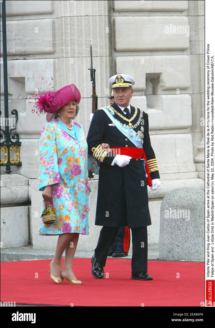 Infante Pilar and King Juan Carlos of Spain arrive at the Cathedral of Santa Maria la Real de la Almudena for the wedding ceremony of Crown Prince Felipe of Spain and Letizia Ortiz in Madrid-Spain on saturday May 22, 2004. Photo by Abd Rabbo-Hounsfield-Klein-Mousse-Zabulon/ABACA. Stock Photo