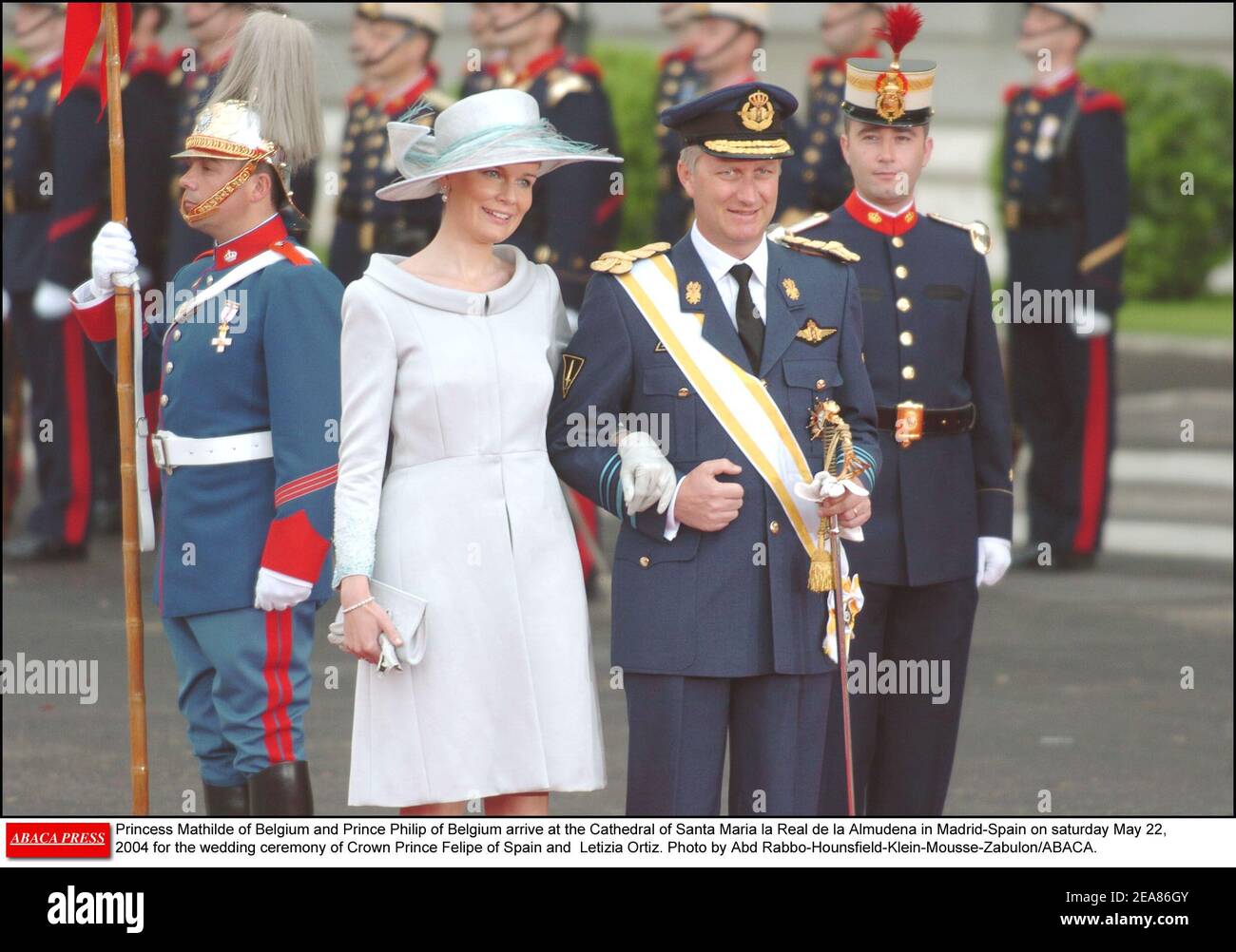 Princess Mathilde of Belgium and Prince Philippe of Belgium arrive at the Cathedral of Santa Maria la Real de la Almudena in Madrid-Spain on saturday May 22, 2004 for the wedding ceremony of Crown Prince Felipe of Spain and Letizia Ortiz. Photo by Abd Rabbo-Hounsfield-Klein-Mousse-Zabulon/ABACA. Stock Photo