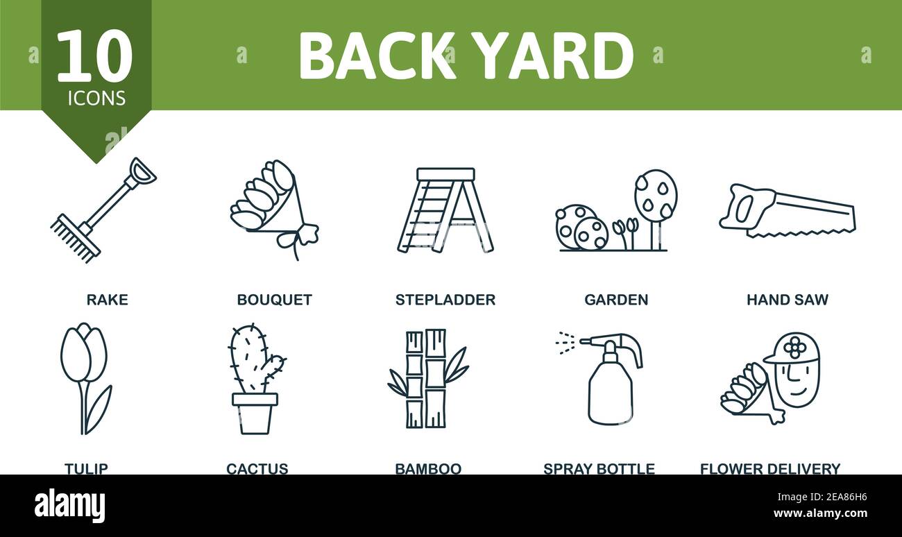 Back Yard icon set. Collection contain rubber boots, cactus, bamboo ...