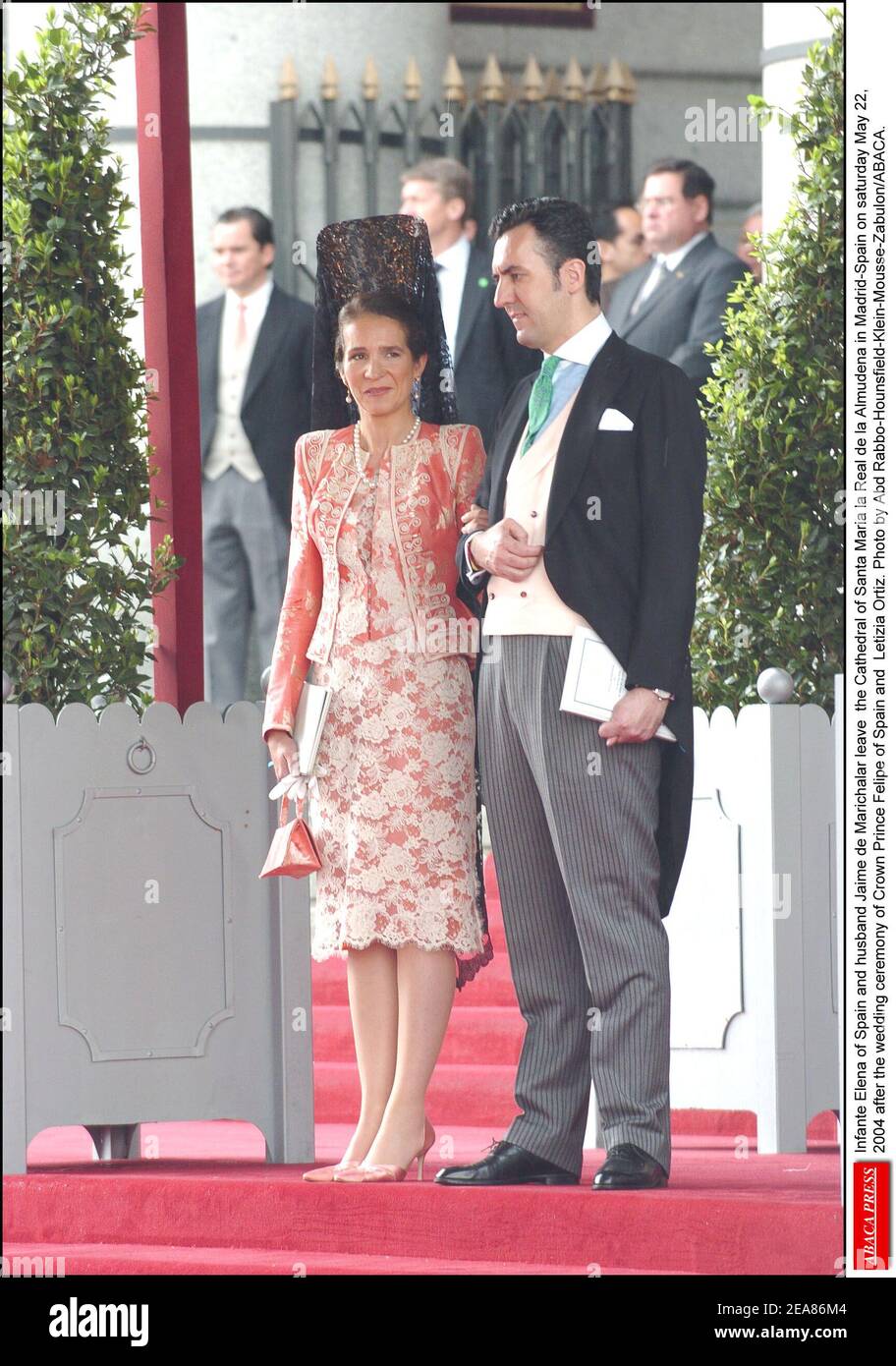 Infante Elena of Spain and husband Jaime de Marichalar leave the Cathedral of Santa Maria la Real de la Almudena in Madrid-Spain on saturday May 22, 2004 after the wedding ceremony of Crown Prince Felipe of Spain and Letizia Ortiz. Photo by Abd Rabbo-Hounsfield-Klein-Mousse-Zabulon/ABACA. Stock Photo