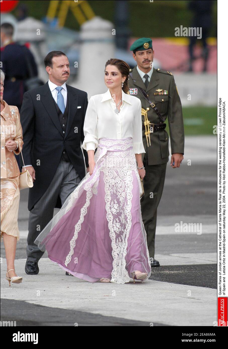Queen Rania of Jordan arrives at the Cathedral of Santa Maria la Real de la Almudena for the wedding ceremony of Crown Prince Felipe of Spain and Letizia Ortiz in Madrid-Spain on saturday May 22, 2004. Photo by Abd Rabbo-Hounsfield-Klein-Mousse-Zabulon/ABACA. Stock Photo
