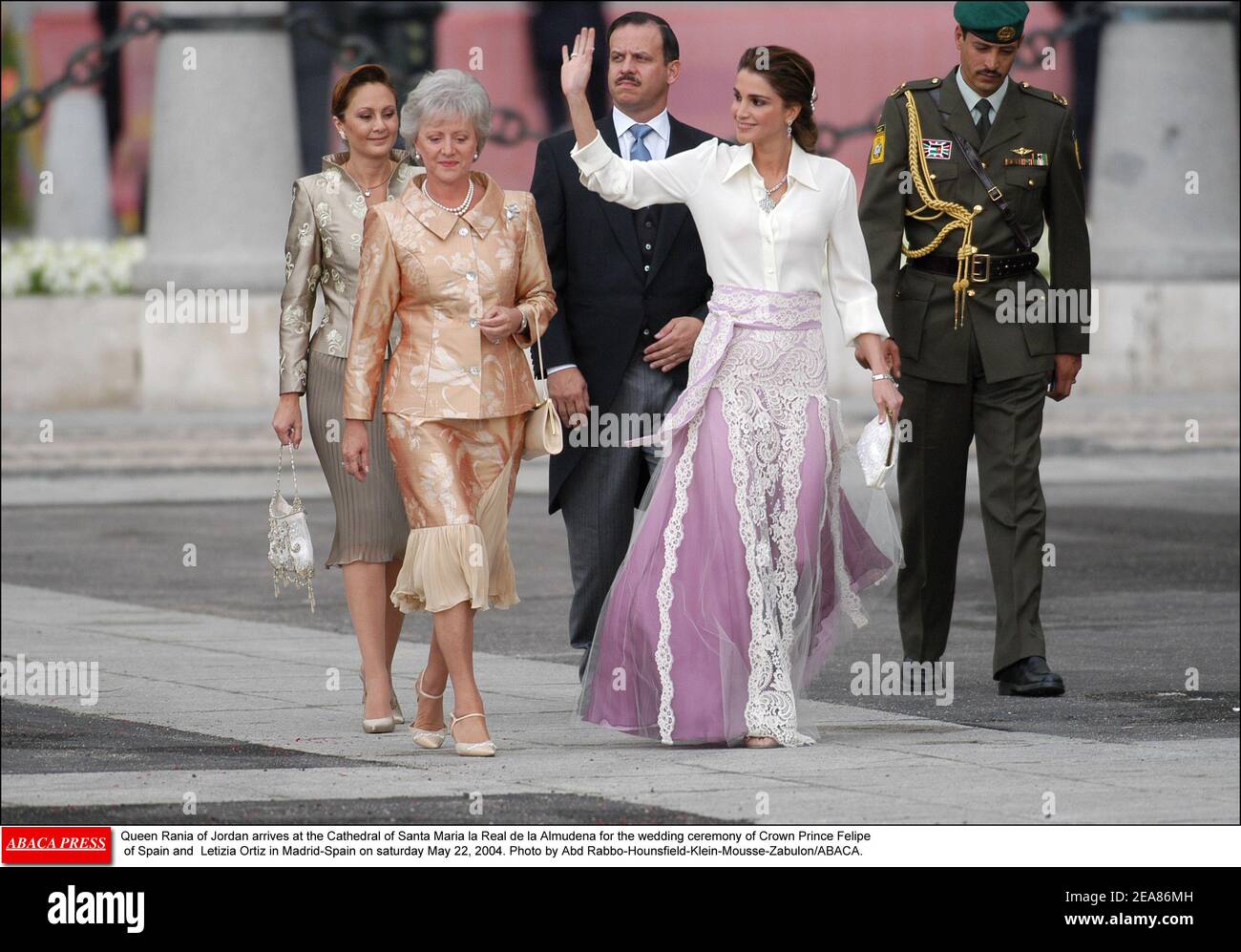 Queen Rania of Jordan and Princess Mona of Jordan arrive at the Cathedral of Santa Maria la Real de la Almudena for the wedding ceremony of Crown Prince Felipe of Spain and Letizia Ortiz in Madrid-Spain on saturday May 22, 2004. Photo by Abd Rabbo-Hounsfield-Klein-Mousse-Zabulon/ABACA. Stock Photo