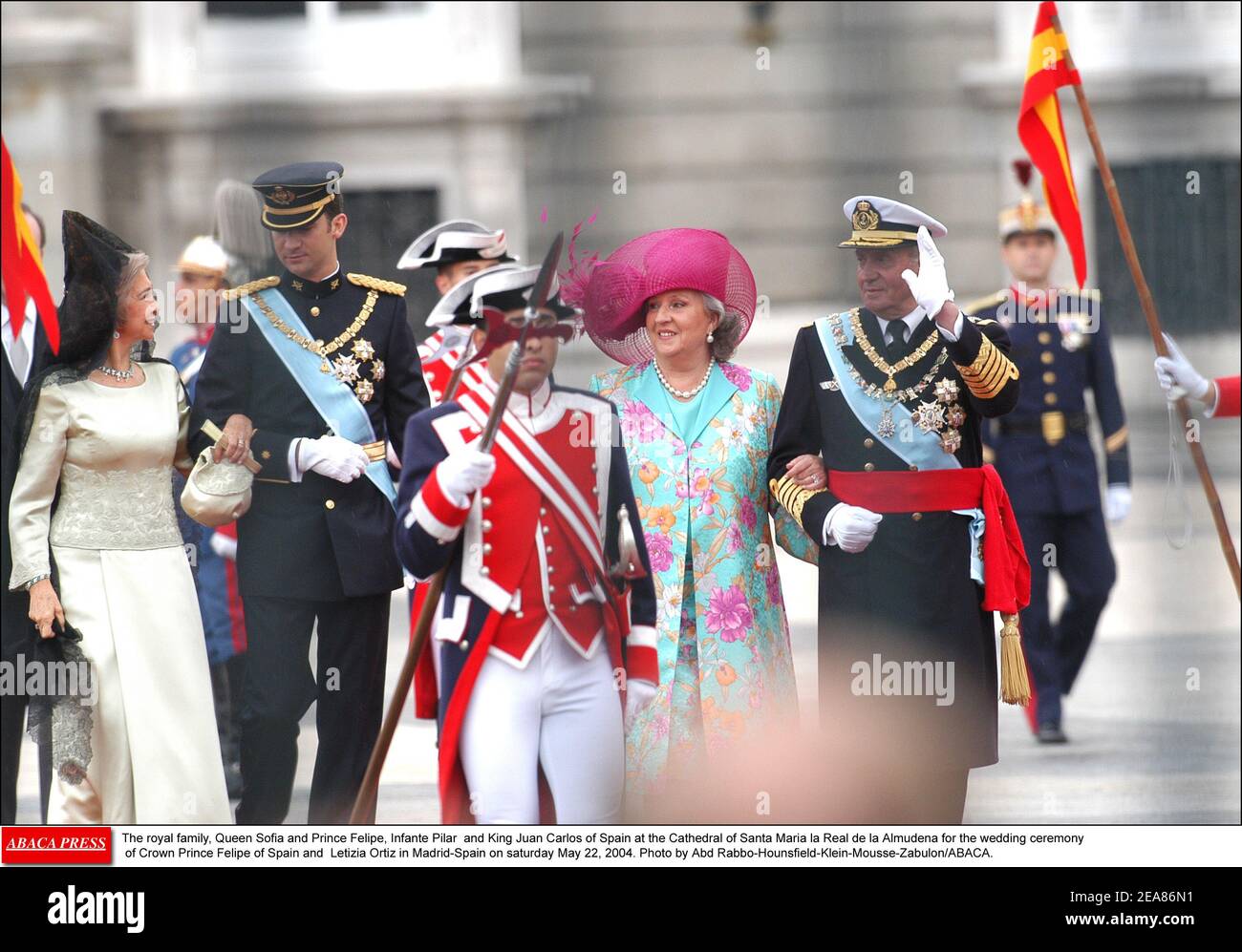 The royal family, Queen Sofia and Prince Felipe, Infante Pilar and King Juan Carlos of Spain at the Cathedral of Santa Maria la Real de la Almudena for the wedding ceremony of Crown Prince Felipe of Spain and Letizia Ortiz in Madrid-Spain on saturday May 22, 2004. Photo by Abd Rabbo-Hounsfield-Klein-Mousse-Zabulon/ABACA. Stock Photo