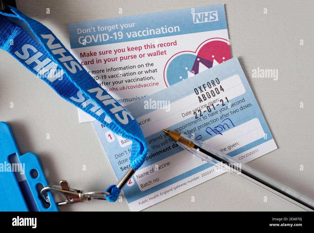 nhs covid-19 vaccination card, oxford astrazeneca vaccine, first jab Stock Photo