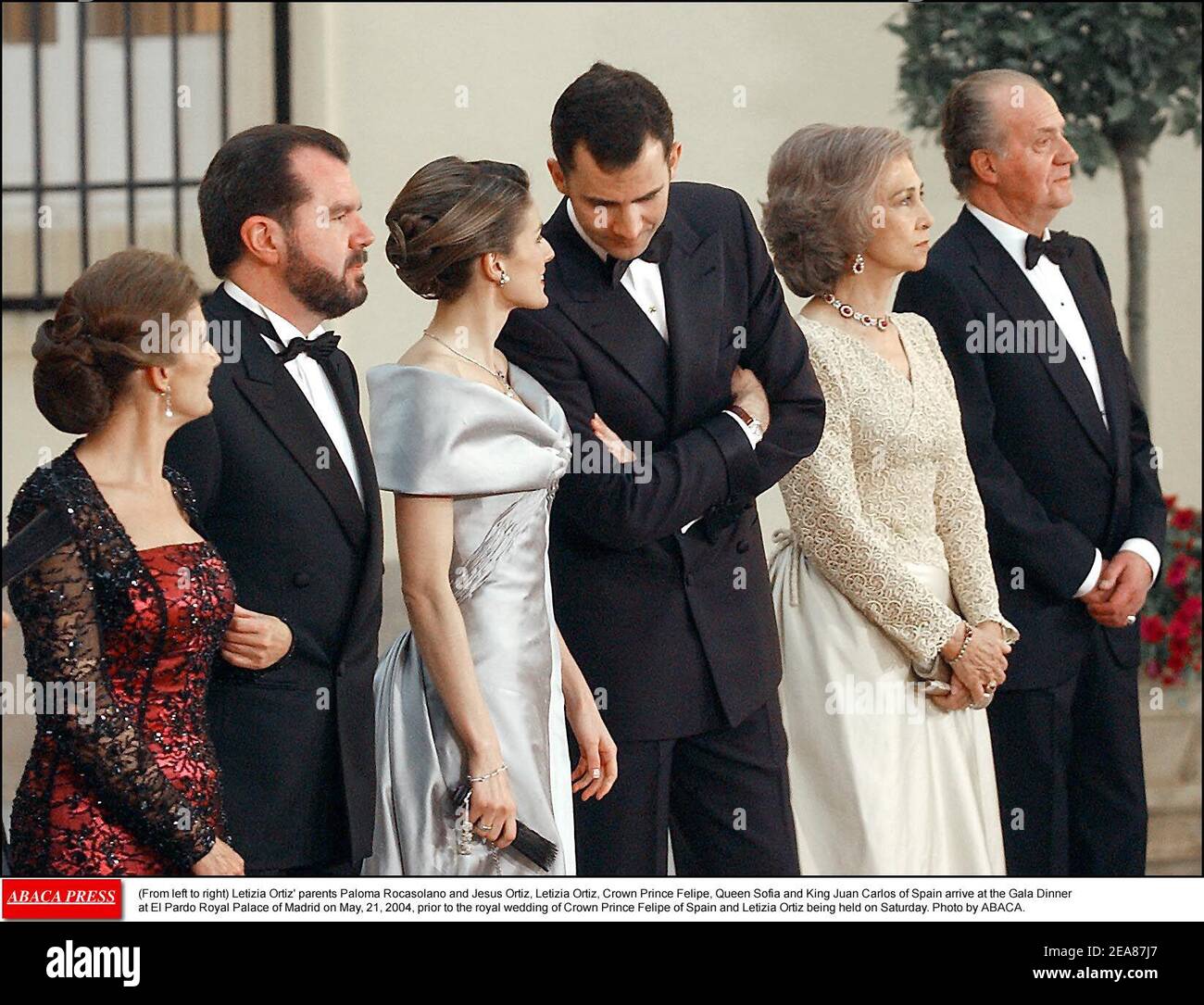 (From left to right) Letizia Ortiz' parents Paloma Rocasolano and Jesus Ortiz, Letizia Ortiz, Crown Prince Felipe, Queen Sofia and King Juan Carlos of Spain arrive at the Gala Dinner at El Pardo Royal Palace of Madrid on May, 21, 2004, prior to the royal wedding of Crown Prince Felipe of Spain and Letizia Ortiz being held on Saturday. Photo by ABACA. Stock Photo
