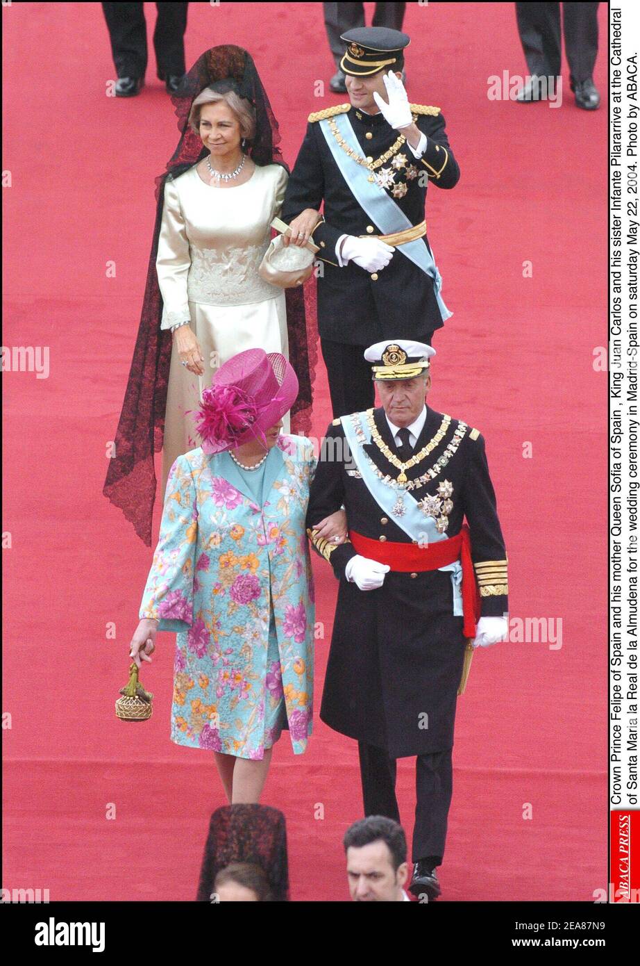 Crown Prince Felipe of Spain and his mother Queen Sofia of Spain , King Juan Carlos and his sister Infante Pilar arrive at the Cathedral of Santa Maria la Real de la Almudena for the wedding ceremony in Madrid-Spain on saturday May 22, 2004. Photo by ABACA. Stock Photo