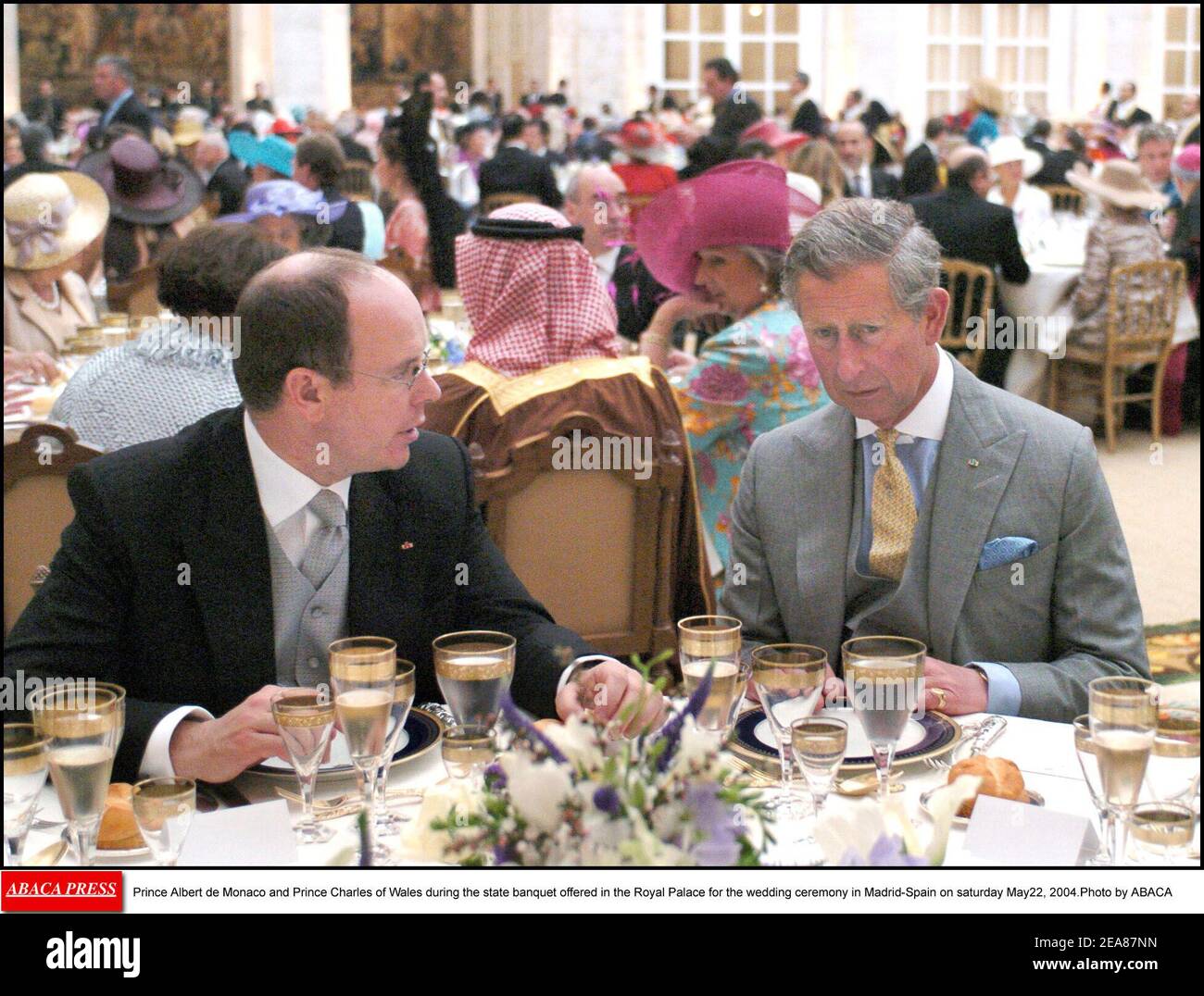 Prince Albert de Monaco and Prince Charles of Wales during the state banquet offered in the Royal Palace for the wedding ceremony in Madrid-Spain on saturday May22, 2004.Photo by ABACA Stock Photo