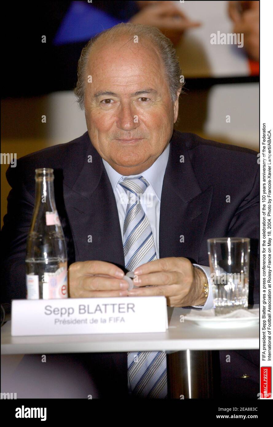 FIFA president Sepp Blatter gives a press conference for the celebration of the 100 years anniversary of the Federation International of Football Association at Roissy-France on May 18, 2004. Photo by Francois-Xavier Lamperti/ABACA. Stock Photo