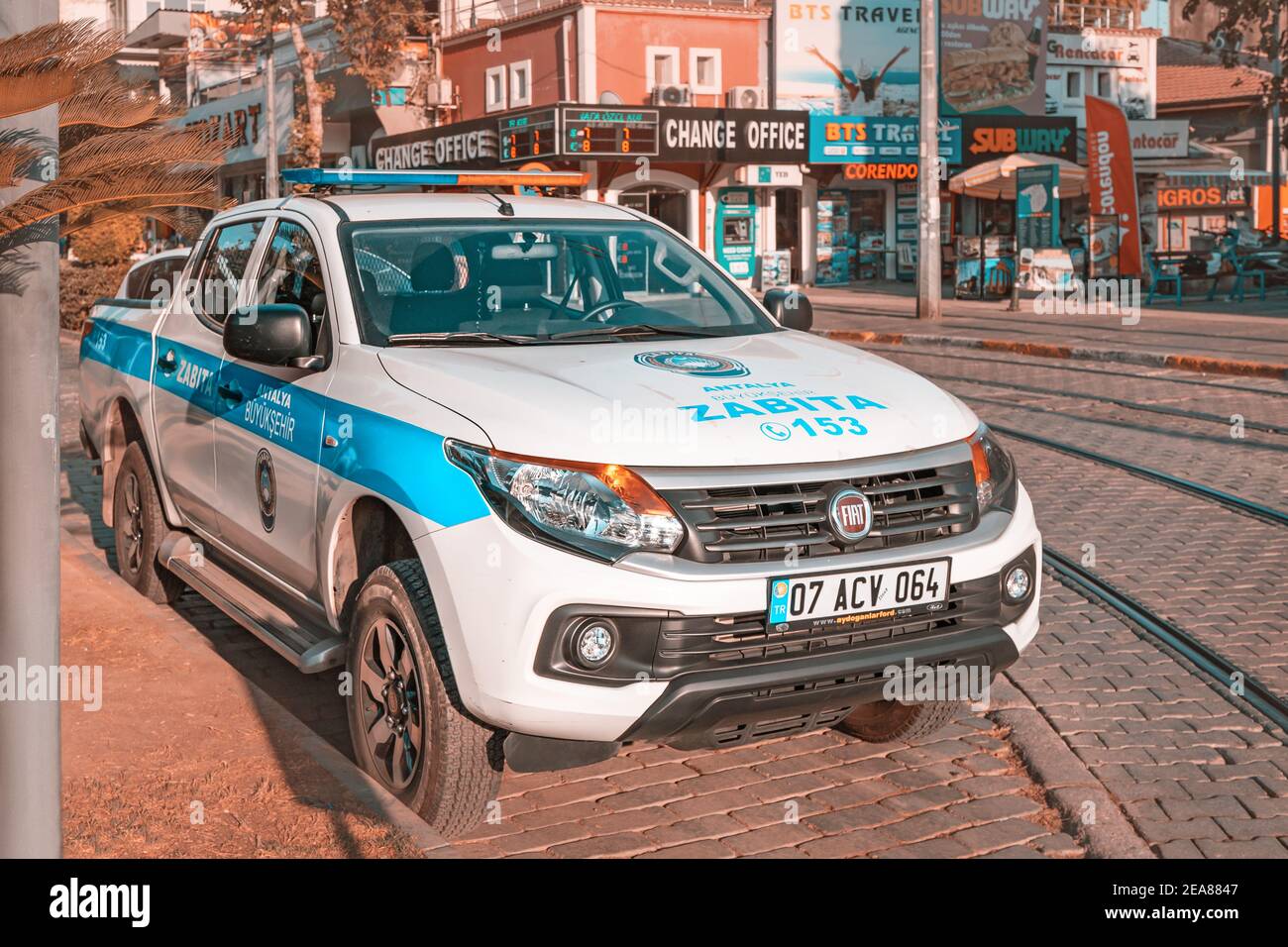 03 September 2020, Antalya, Turkey: A police car is parked in the center of Antalya city and patrolling and keeping order on the streets Stock Photo