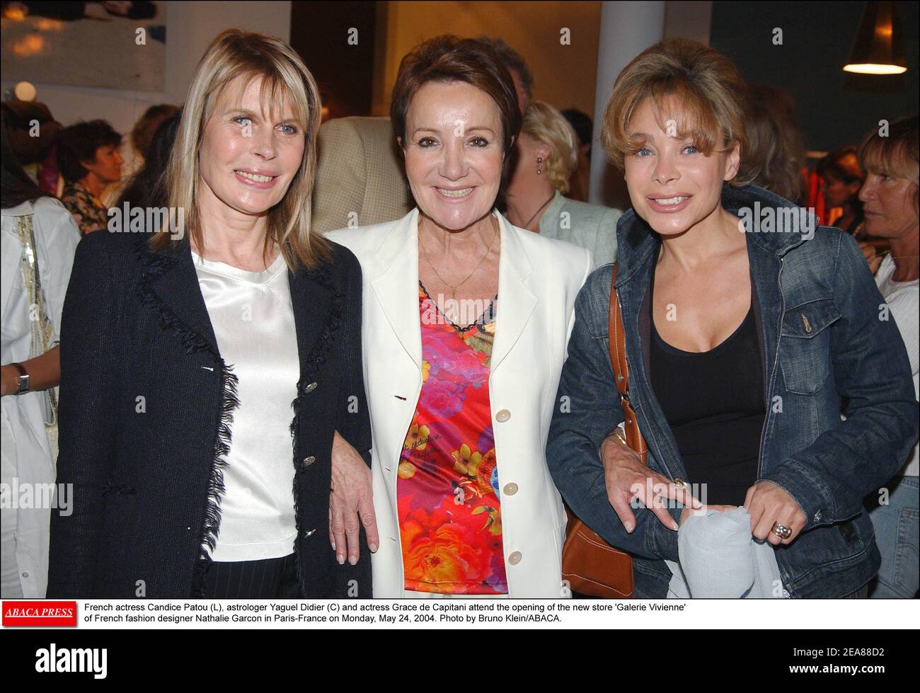 French actress Candice Patou (L), astrologer Yaguel Didier (C) and actress Grace de Capitani attend the opening of the new store 'Galerie Vivienne' of French fashion designer Nathalie Garcon in Paris-France on Monday, May 24, 2004. Photo by Bruno Klein/ABACA. Stock Photo