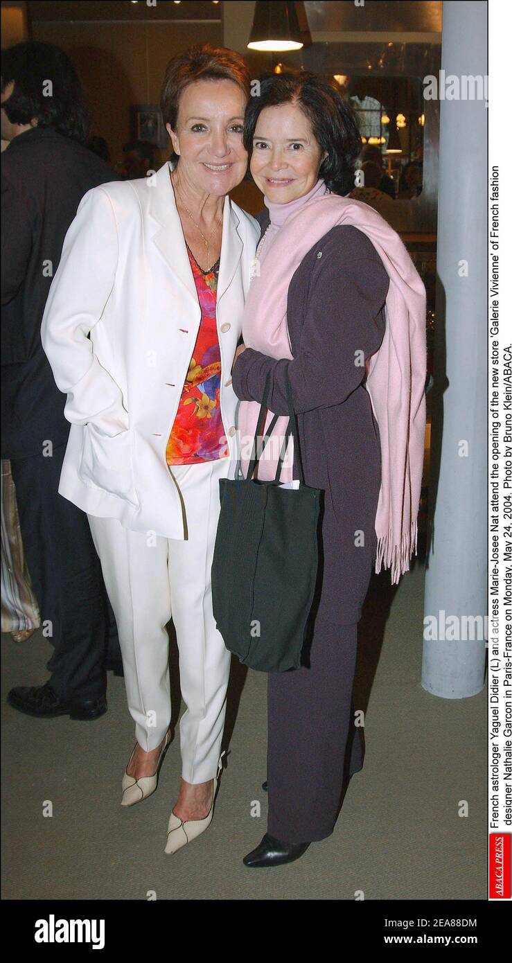 French astrologer Yaguel Didier (L) and actress Marie-Jose Nat attend the opening of the new store 'Galerie Vivienne' of French fashion designer Nathalie Garcon in Paris-France on Monday, May 24, 2004. Photo by Bruno Klein/ABACA. Stock Photo