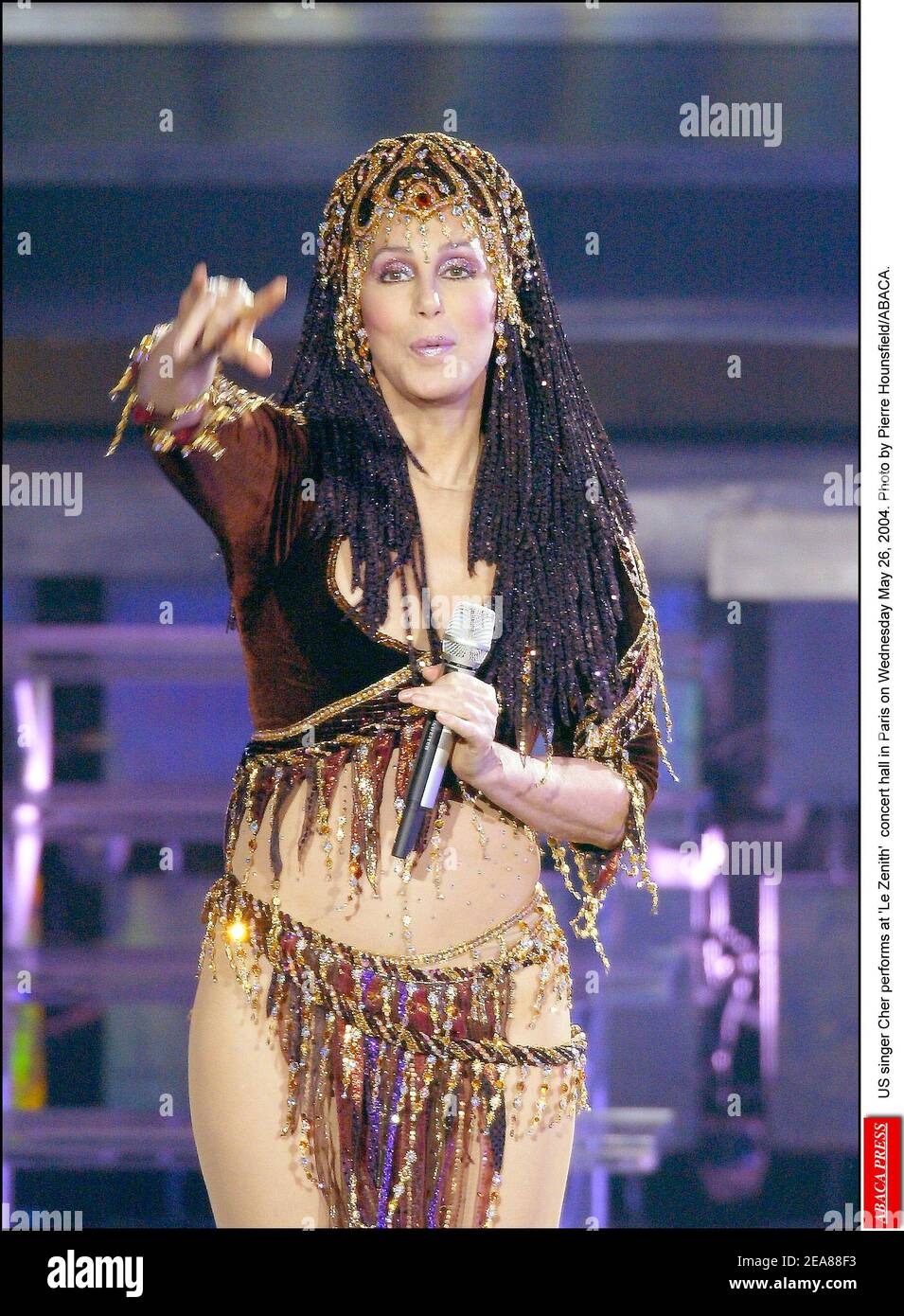 US singer Cher performs at 'Le Zenith' concert hall in Paris on Wednesday May 26, 2004. Photo by Pierre Hounsfield/ABACA. Stock Photo