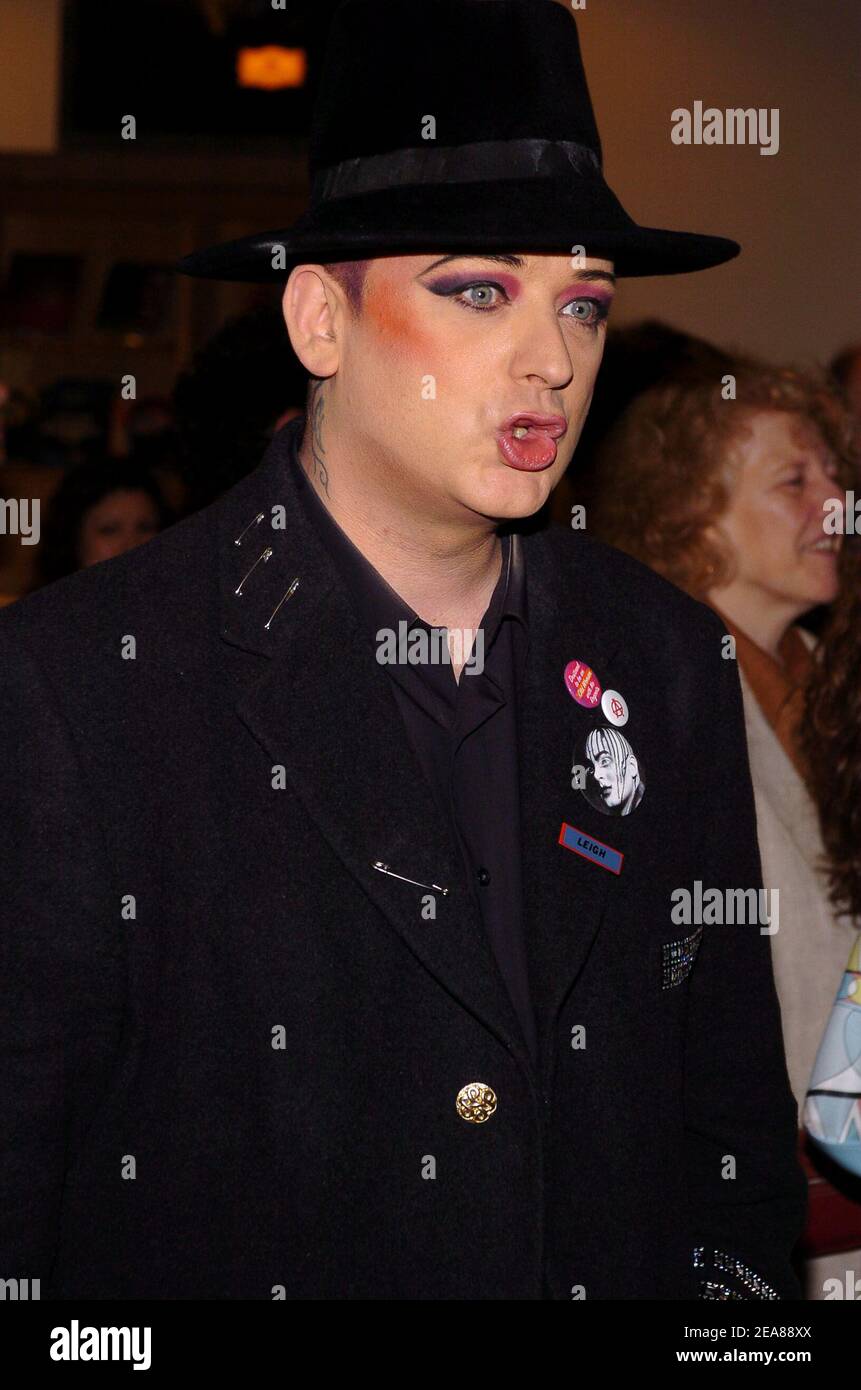 Boy George signed copies of the soundtrack of his broadway Musical Taboo at Virgin Megastore Times Square in New York, on Thursday May 27, 2004. (Pictured : Boy George). Photo by Nicolas Khayat/ABACA. Stock Photo
