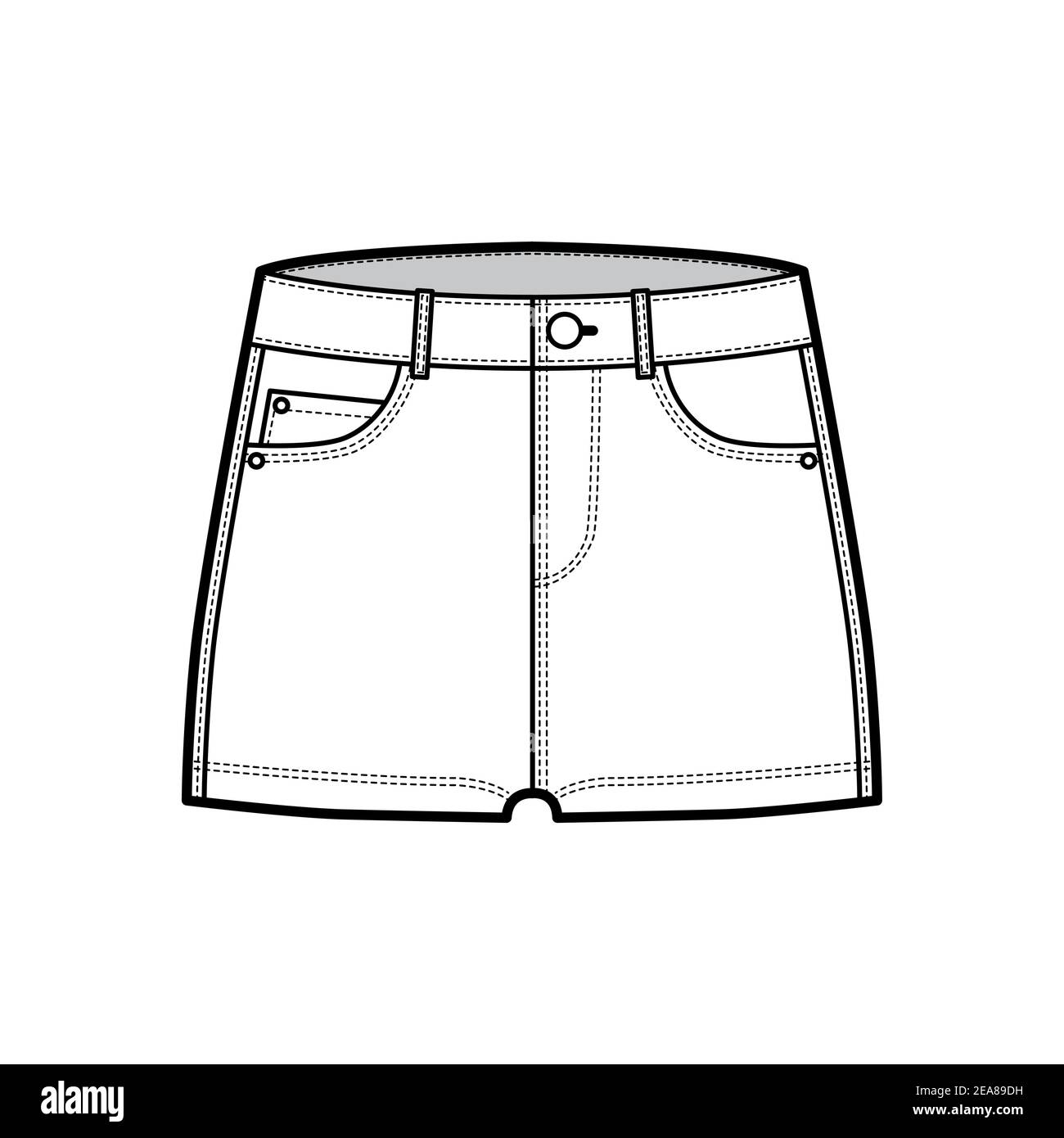 Denim hot short pants technical fashion illustration with micro length, low waist, low rise, 5 pockets. Flat bottom apparel template front, white color style. Women, men, unisex CAD mockup Stock Vector