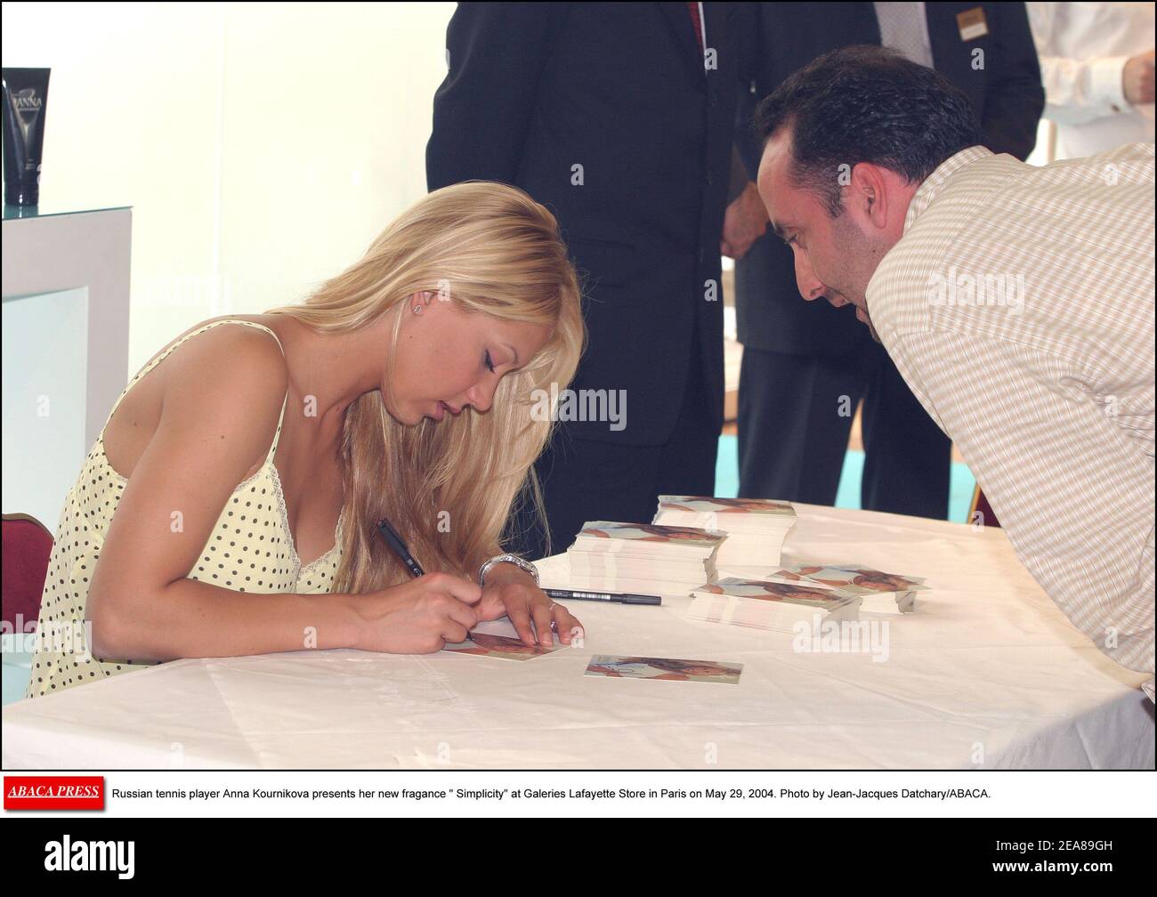Russian tennis player Anna Kournikova presents her new fragance Simplicity at Galeries Lafayette Store in Paris on May 29, 2004. Photo by Jean-Jacques Datchary/ABACA. Stock Photo