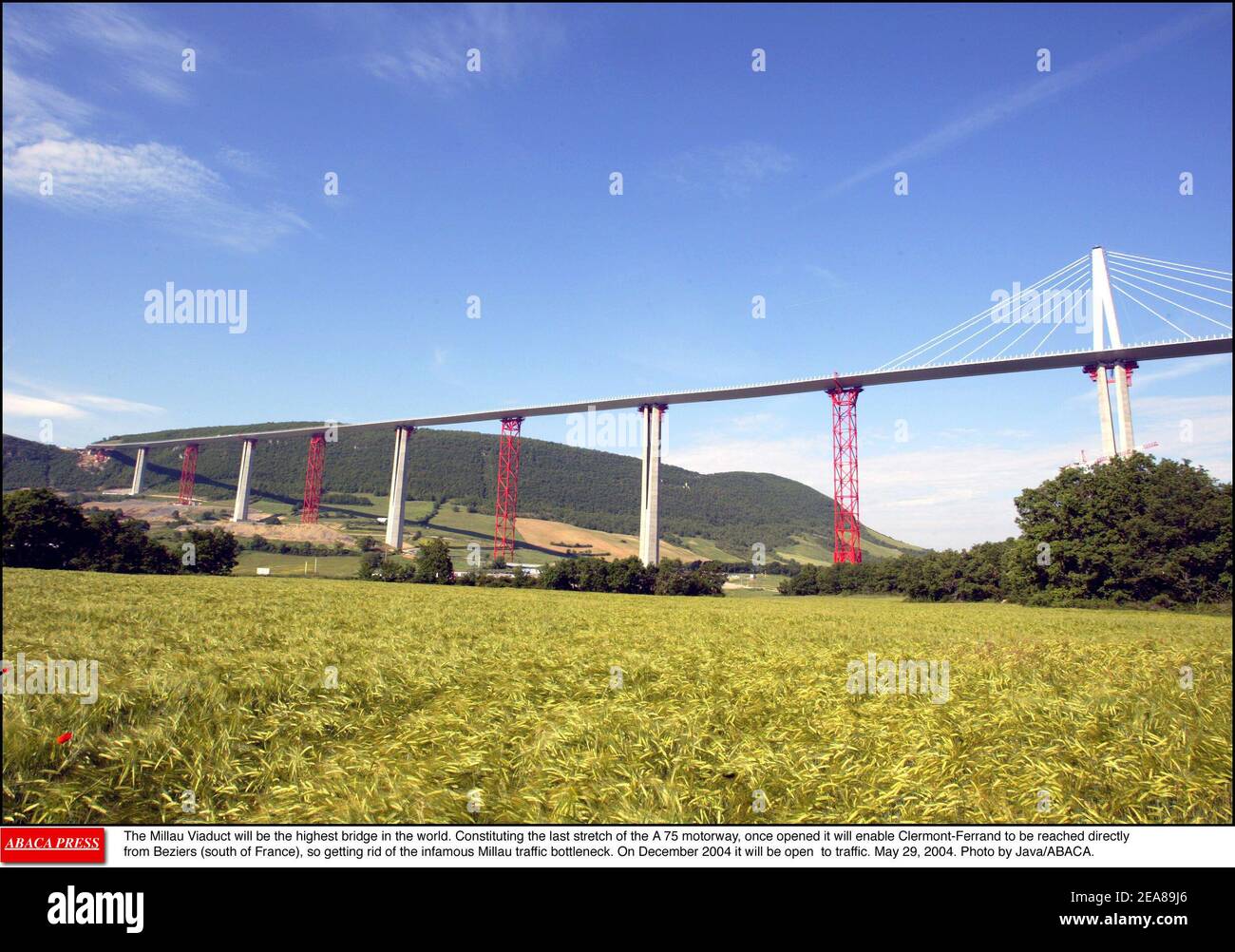 The Millau Viaduct will be the highest bridge in the world. Constituting the last stretch of the A 75 motorway, once opened it will enable Clermont-Ferrand to be reached directly from Beziers (south of France), so getting rid of the infamous Millau traffic bottleneck. On December 2004 it will be open to traffic. May 29, 2004. Photo by Java/ABACA. Stock Photo