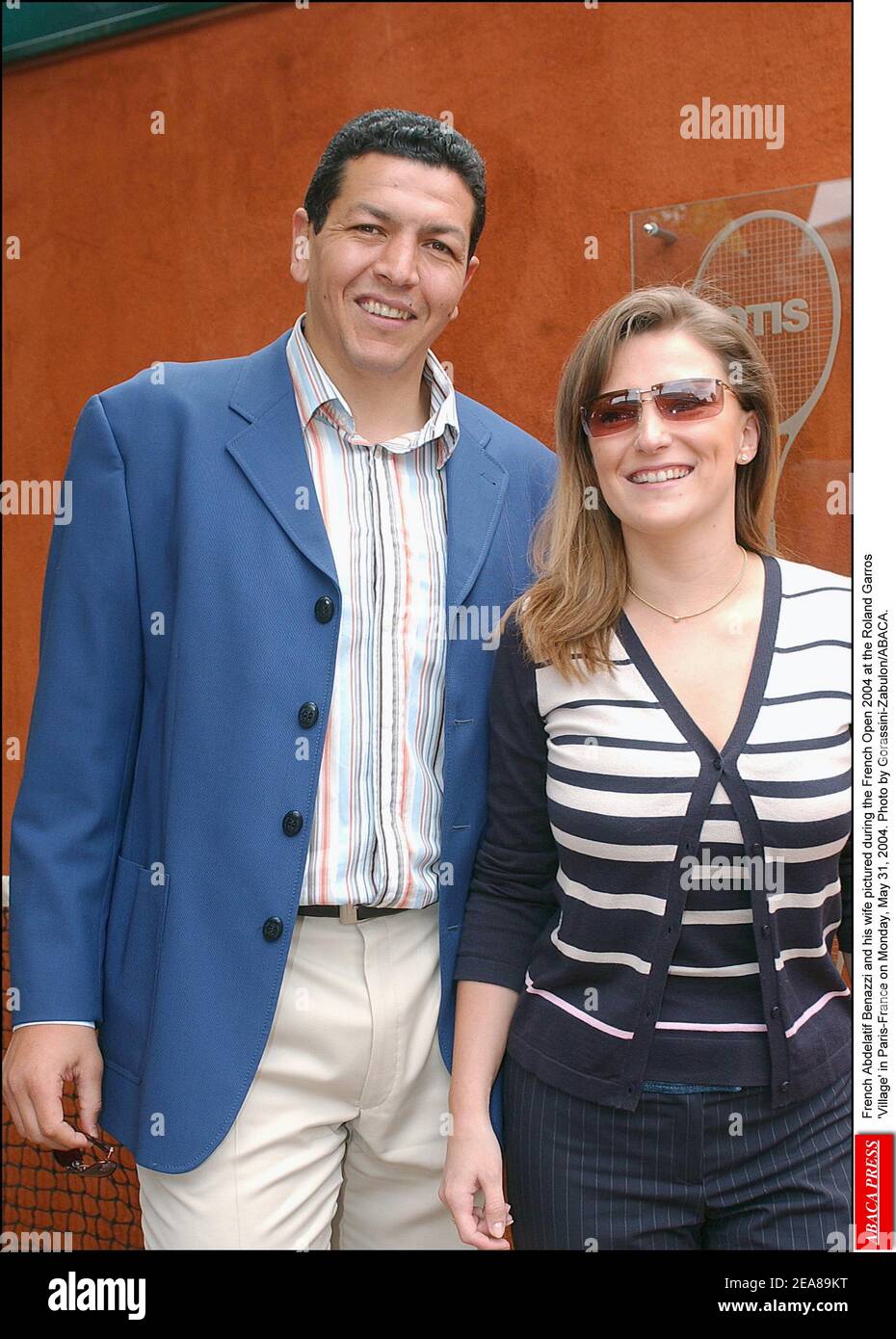 French Abdelatif Benazzi and his wife pictured during the French Open 2004 at the Roland Garros 'Village' in Paris-France on Monday, May 31, 2004. Photo by Gorassini-Zabulon/ABACA. Stock Photo