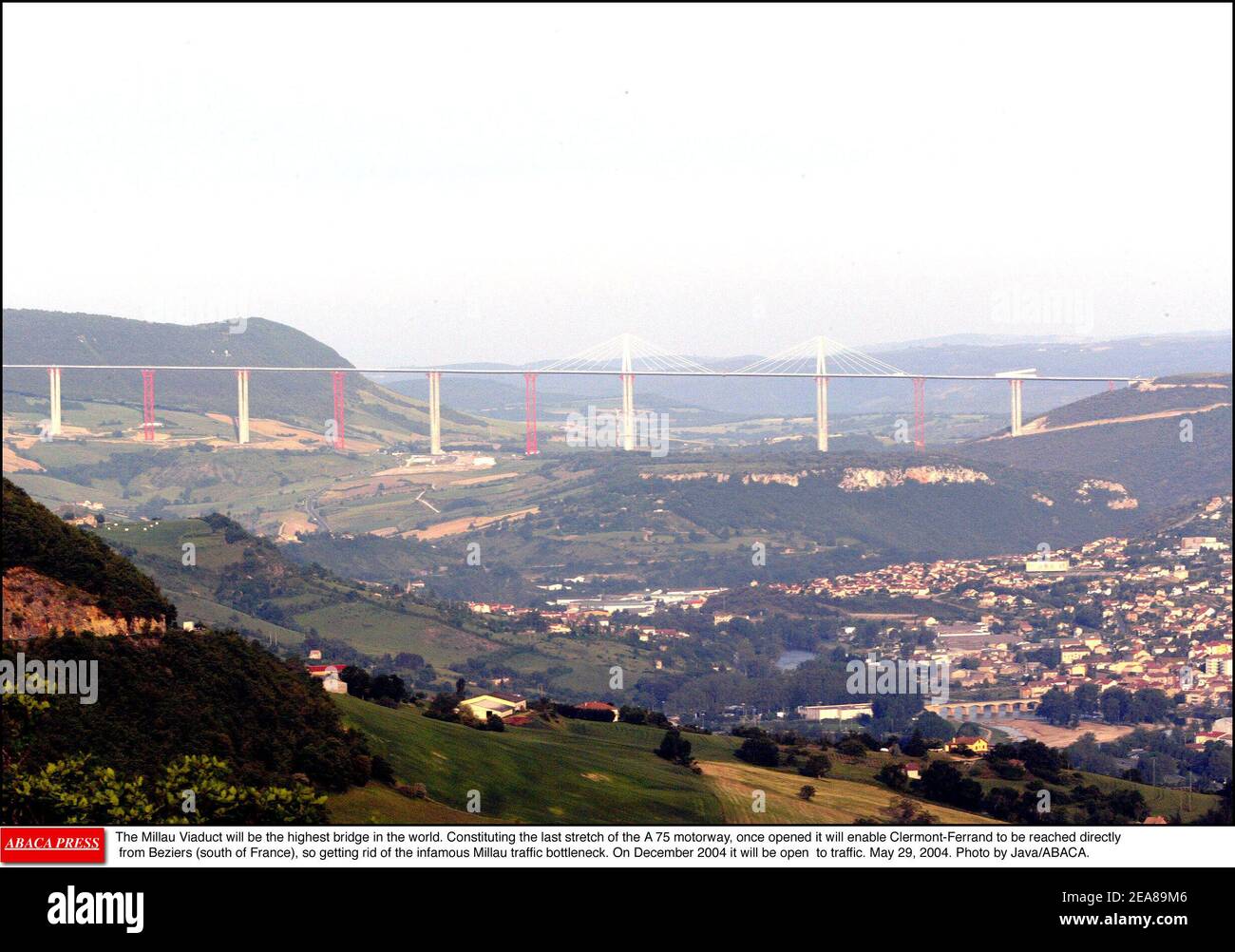 The Millau Viaduct will be the highest bridge in the world. Constituting the last stretch of the A 75 motorway, once opened it will enable Clermont-Ferrand to be reached directly from Beziers (south of France), so getting rid of the infamous Millau traffic bottleneck. On December 2004 it will be open to traffic. May 29, 2004. Photo by Java/ABACA. Stock Photo