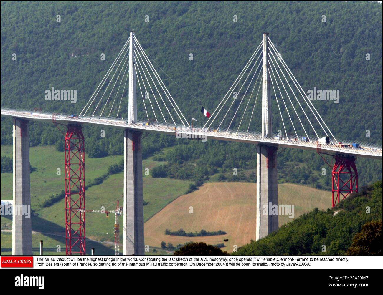 The Millau Viaduct will be the highest bridge in the world. Constituting the last stretch of the A 75 motorway, once opened it will enable Clermont-Ferrand to be reached directly from Beziers (south of France), so getting rid of the infamous Millau traffic bottleneck. On December 2004 it will be open to traffic. Photo by Java/ABACA. Stock Photo